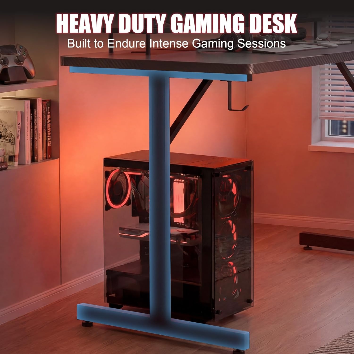 image:imageGTPLAYER 55 Inch Gaming Desk with LED Lights Large Computer Desk with Mouse Pad for Home Office TShaped Carbon Fibre Surface PC Game Workstations with Headphone HookBlack