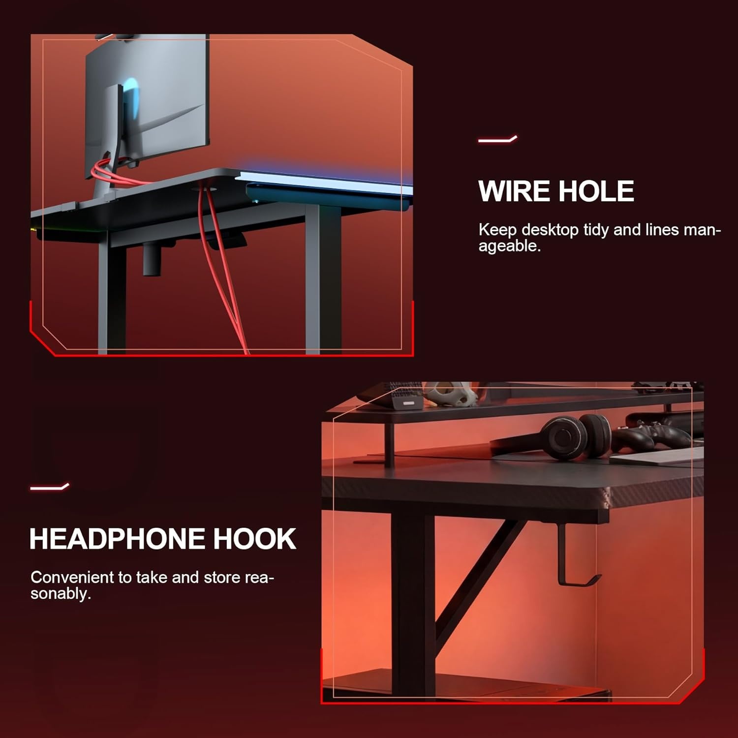 image:imageGTPLAYER 55 Inch Gaming Desk with LED Lights Large Computer Desk with Mouse Pad for Home Office TShaped Carbon Fibre Surface PC Game Workstations with Headphone HookDullblack