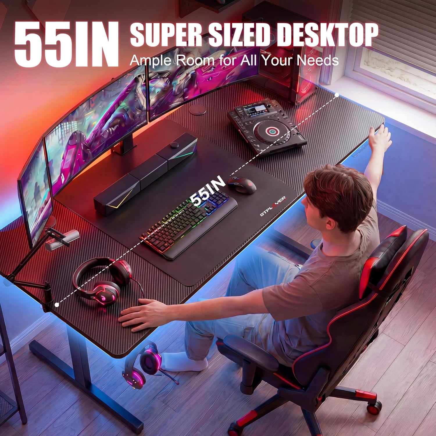 image:imageGTPLAYER 55 Inch Gaming Desk with LED Lights Large Computer Desk with Mouse Pad for Home Office TShaped Carbon Fibre Surface PC Game Workstations with Headphone HookDullblack
