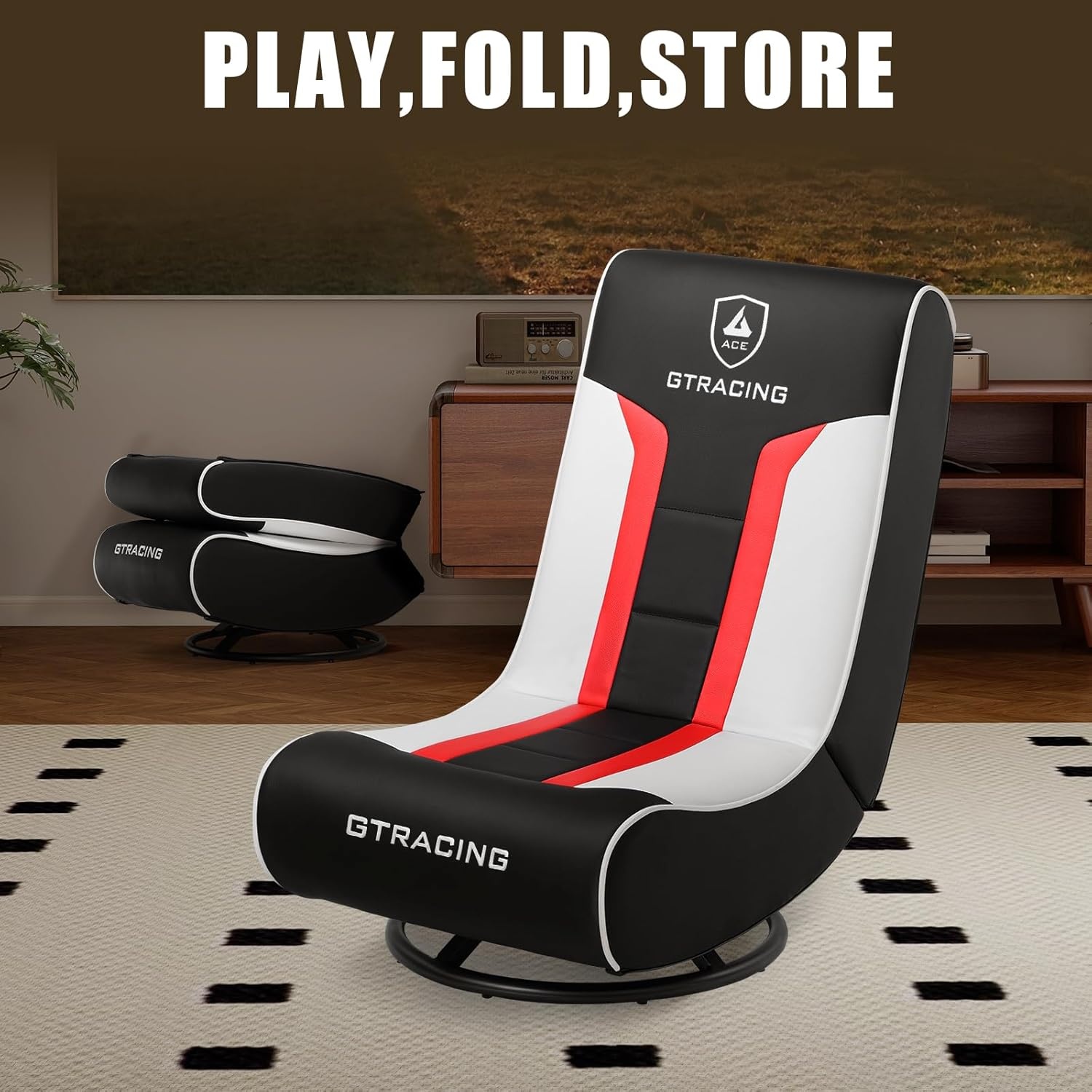 image:imageGTPLAYER Floor Gaming Chair Foldable Swivel Floor Chairs for Kids Boys Comfy Video Game Seat with 360 Multipurpose for Gamers Bedroom or Game Room PurpleStandard Red White