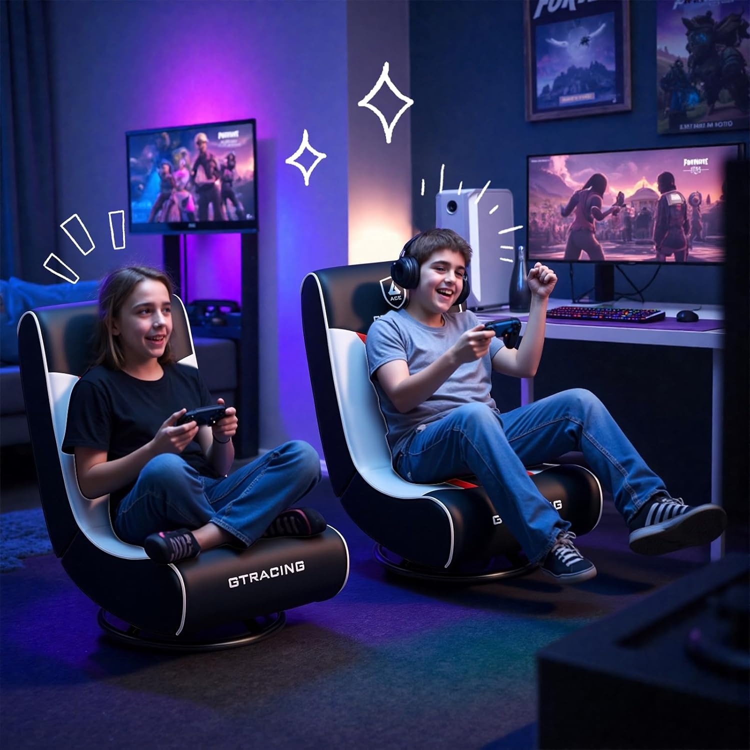 image:imageGTPLAYER Floor Gaming Chair Foldable Swivel Floor Chairs for Kids Boys Comfy Video Game Seat with 360 Multipurpose for Gamers Bedroom or Game Room PurpleStandard Red White