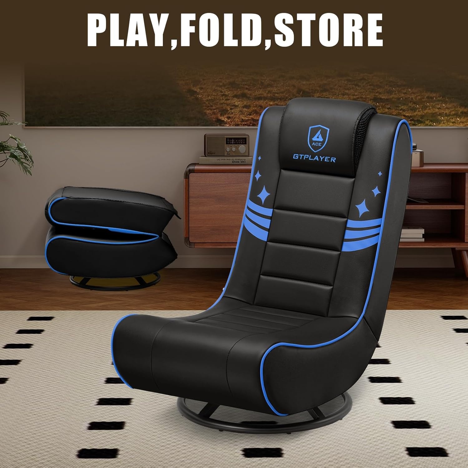 image:imageGTPLAYER Floor Gaming Chair Foldable Swivel Floor Chairs for Kids Boys Comfy Video Game Seat with 360 Multipurpose for Gamers Bedroom or Game Room PurpleWith Headrest Black Blue