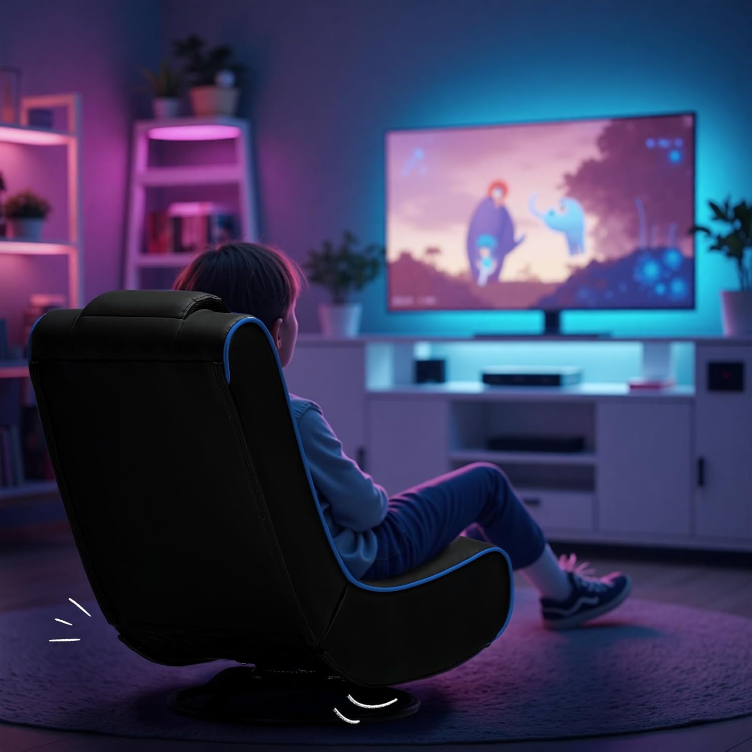 image:imageGTPLAYER Floor Gaming Chair Foldable Swivel Floor Chairs for Kids Boys Comfy Video Game Seat with 360 Multipurpose for Gamers Bedroom or Game Room PurpleWith Headrest Black Blue