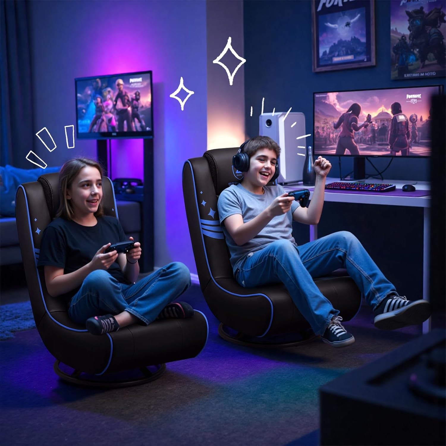 image:imageGTPLAYER Floor Gaming Chair Foldable Swivel Floor Chairs for Kids Boys Comfy Video Game Seat with 360 Multipurpose for Gamers Bedroom or Game Room PurpleWith Headrest Black Blue