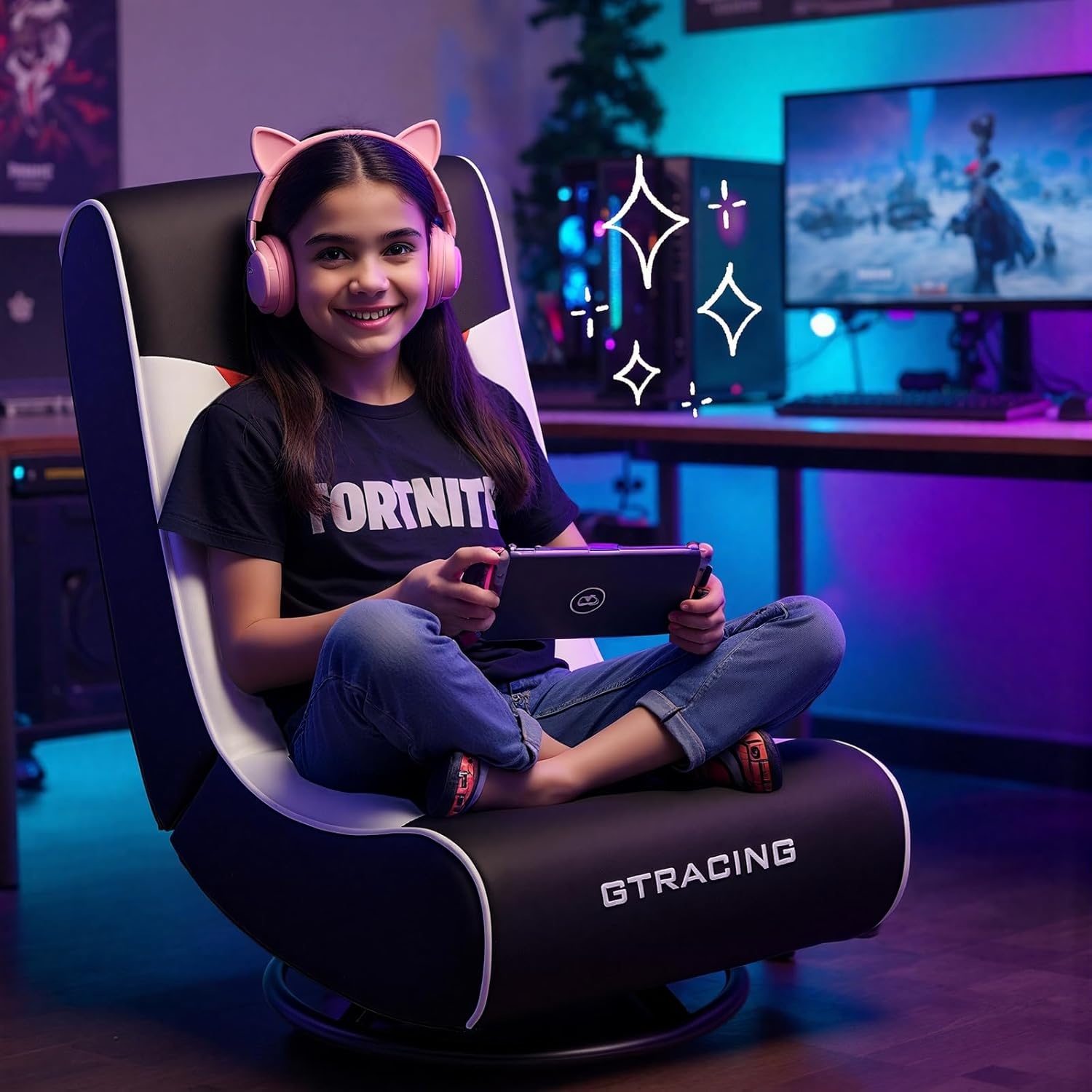 image:imageGTPLAYER Floor Gaming Chair Foldable Swivel Floor Chairs for Kids Boys Comfy Video Game Seat with 360 Multipurpose for Gamers Bedroom or Game Room PurpleStandard Red White