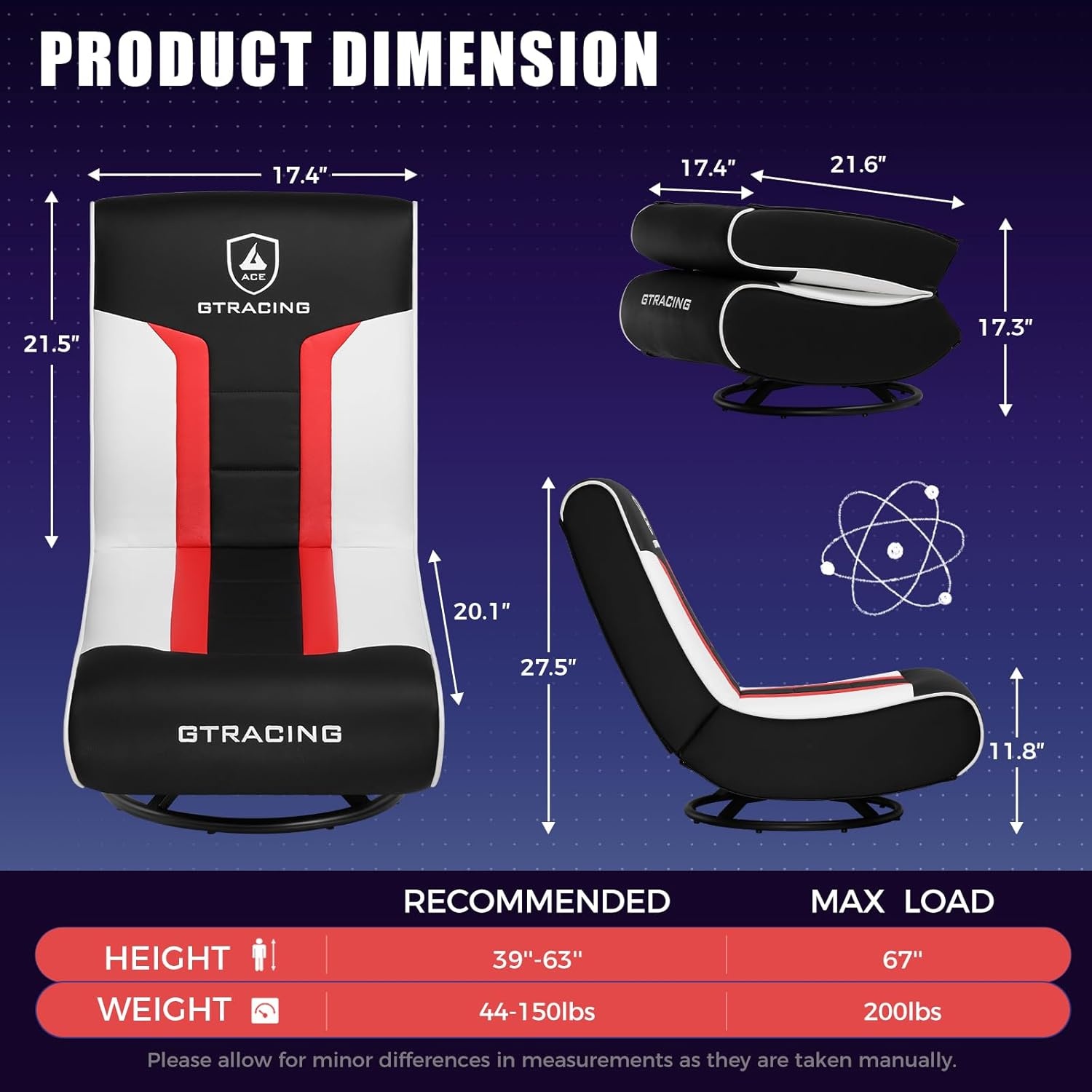 image:imageGTPLAYER Floor Gaming Chair Foldable Swivel Floor Chairs for Kids Boys Comfy Video Game Seat with 360 Multipurpose for Gamers Bedroom or Game Room PurpleStandard Red White
