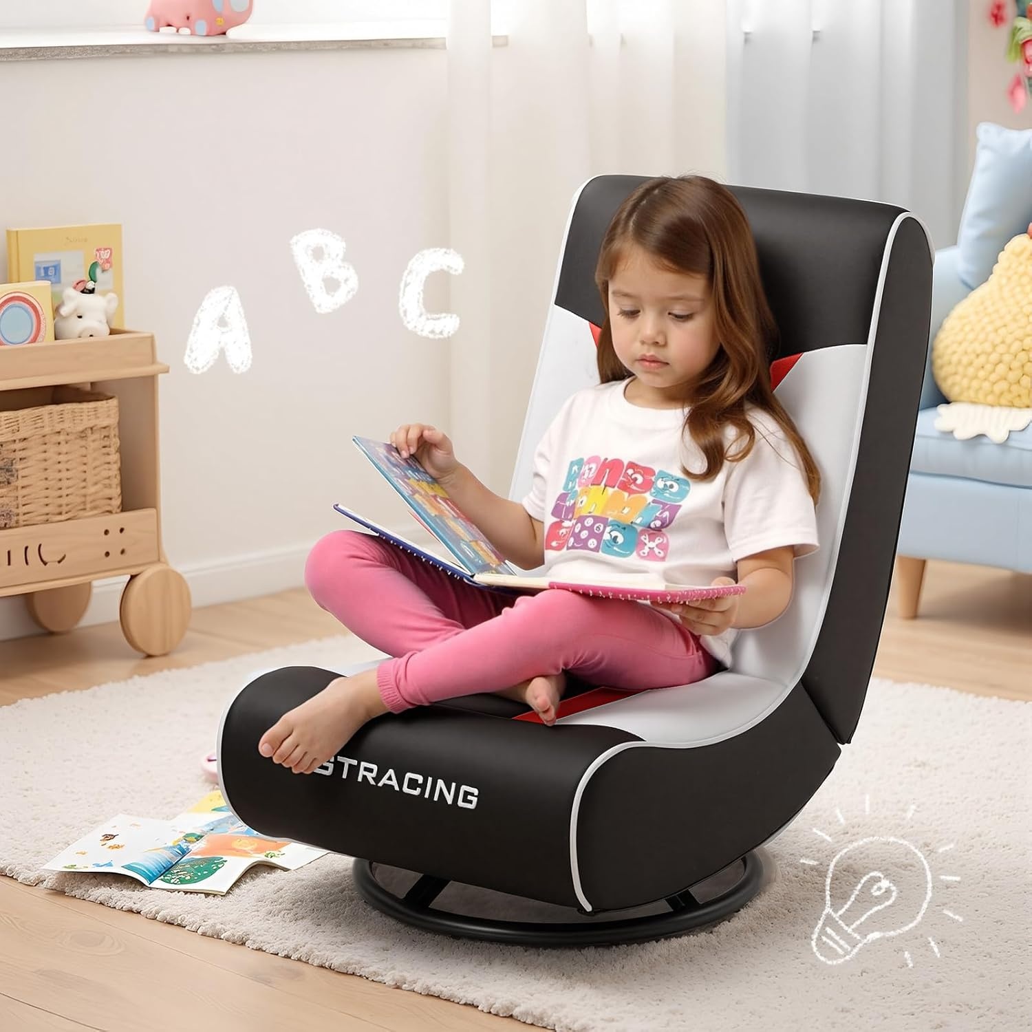 image:imageGTPLAYER Floor Gaming Chair Foldable Swivel Floor Chairs for Kids Boys Comfy Video Game Seat with 360 Multipurpose for Gamers Bedroom or Game Room PurpleStandard Red White
