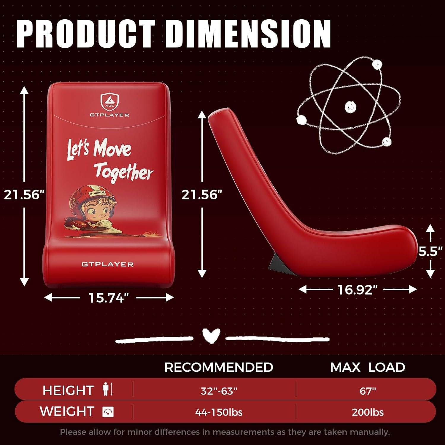 image:imageGTPLAYER Floor Rocker Gaming Chair Adjustable Angle Limiter Ultra Lightweight Ergonomic Floor Rocking Game Seat for Gaming and Lounging Aqua02 Red Football Pattern
