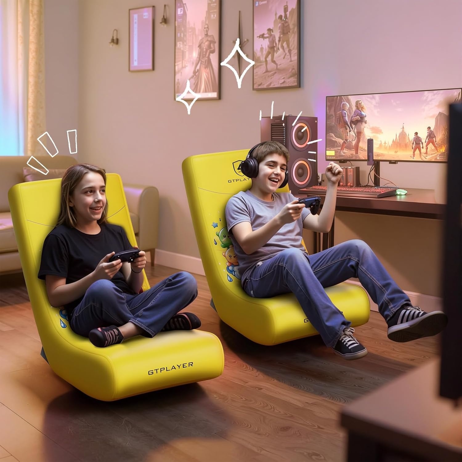 image:imageGTPLAYER Floor Rocker Gaming Chair Adjustable Angle Limiter Ultra Lightweight Ergonomic Floor Rocking Game Seat for Gaming and Lounging Aqua02 Yellow Earth Pattern