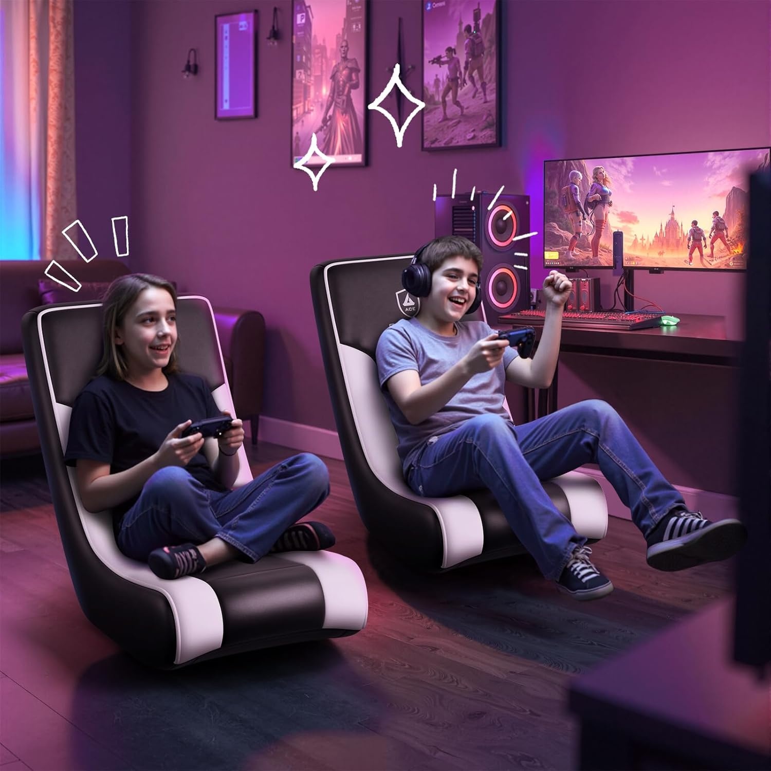 image:imageGTPLAYER Floor Rocker Gaming Chair Adjustable Angle Limiter Ultra Lightweight Ergonomic Floor Rocking Game Seat for Gaming and Lounging White