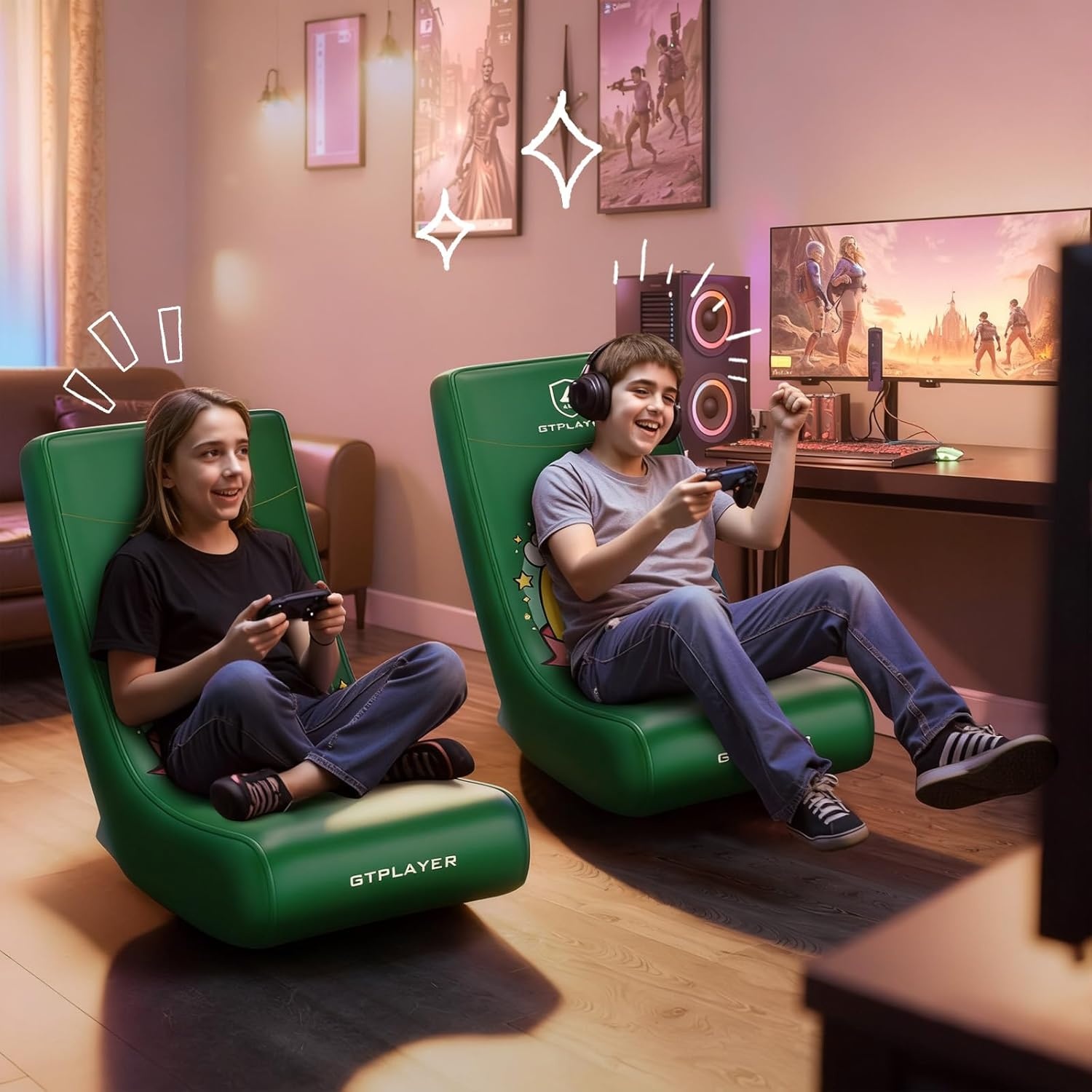 image:imageGTPLAYER Gaming Floor Rocking Chair Rocker Floor Game Chair with Angle Limiter Stylish Patterned Design Comfortable Video Game Seat Green Cat Pattern01 Green Cat Pattern