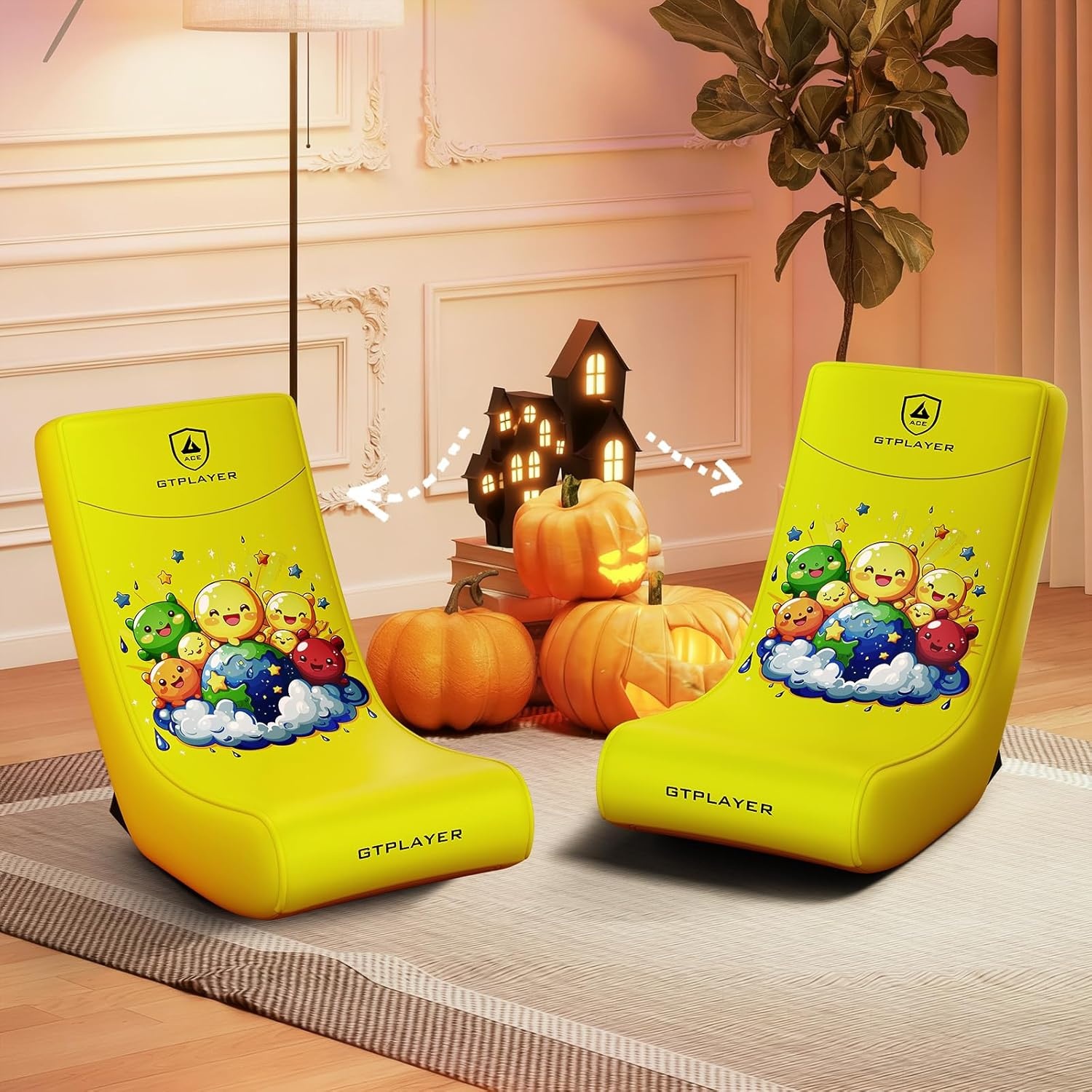 image:imageGTPLAYER Gaming Floor Rocking Chair Rocker Floor Game Chair with Angle Limiter Stylish Patterned Design Comfortable Video Game Seat Green Cat Pattern01 Yellow Earth Pattern