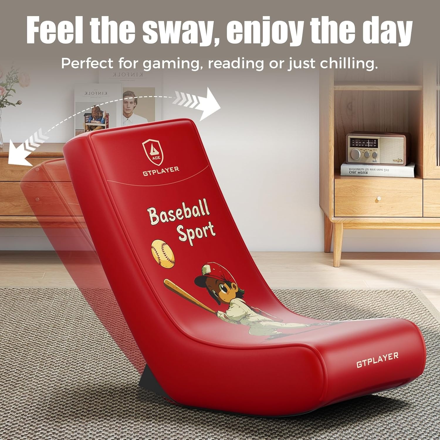 image:imageGTPLAYER Gaming Floor Rocking Chair Rocker Floor Game Chair with Angle Limiter Stylish Patterned Design Comfortable Video Game Seat Green Cat Pattern01 Red Baseball Pattern