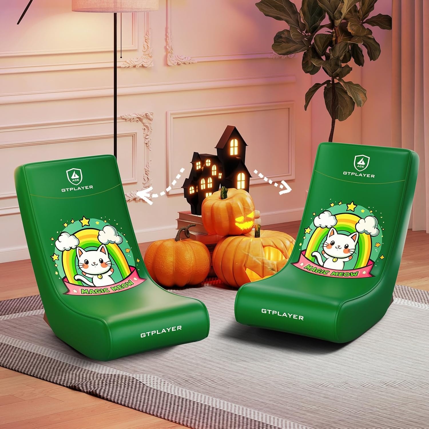 image:imageGTPLAYER Gaming Floor Rocking Chair Rocker Floor Game Chair with Angle Limiter Stylish Patterned Design Comfortable Video Game Seat Green Cat Pattern01 Green Cat Pattern