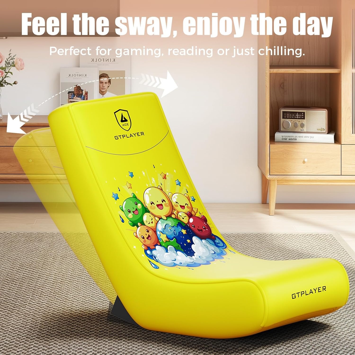 image:imageGTPLAYER Gaming Floor Rocking Chair Rocker Floor Game Chair with Angle Limiter Stylish Patterned Design Comfortable Video Game Seat Green Cat Pattern01 Yellow Earth Pattern