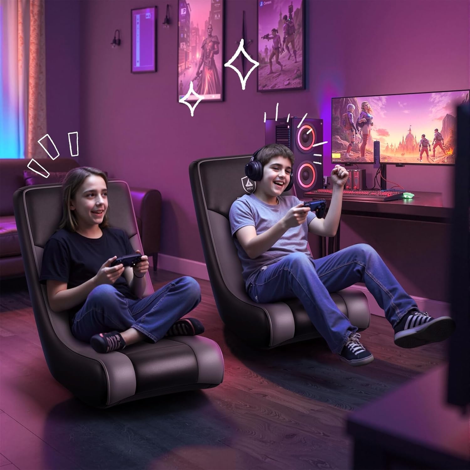 image:imageGTPLAYER Gaming Floor Rocking Chair Rocker Floor Game Chair with Angle Limiter Stylish Patterned Design Comfortable Video Game Seat Green Cat Pattern02 Black Gray
