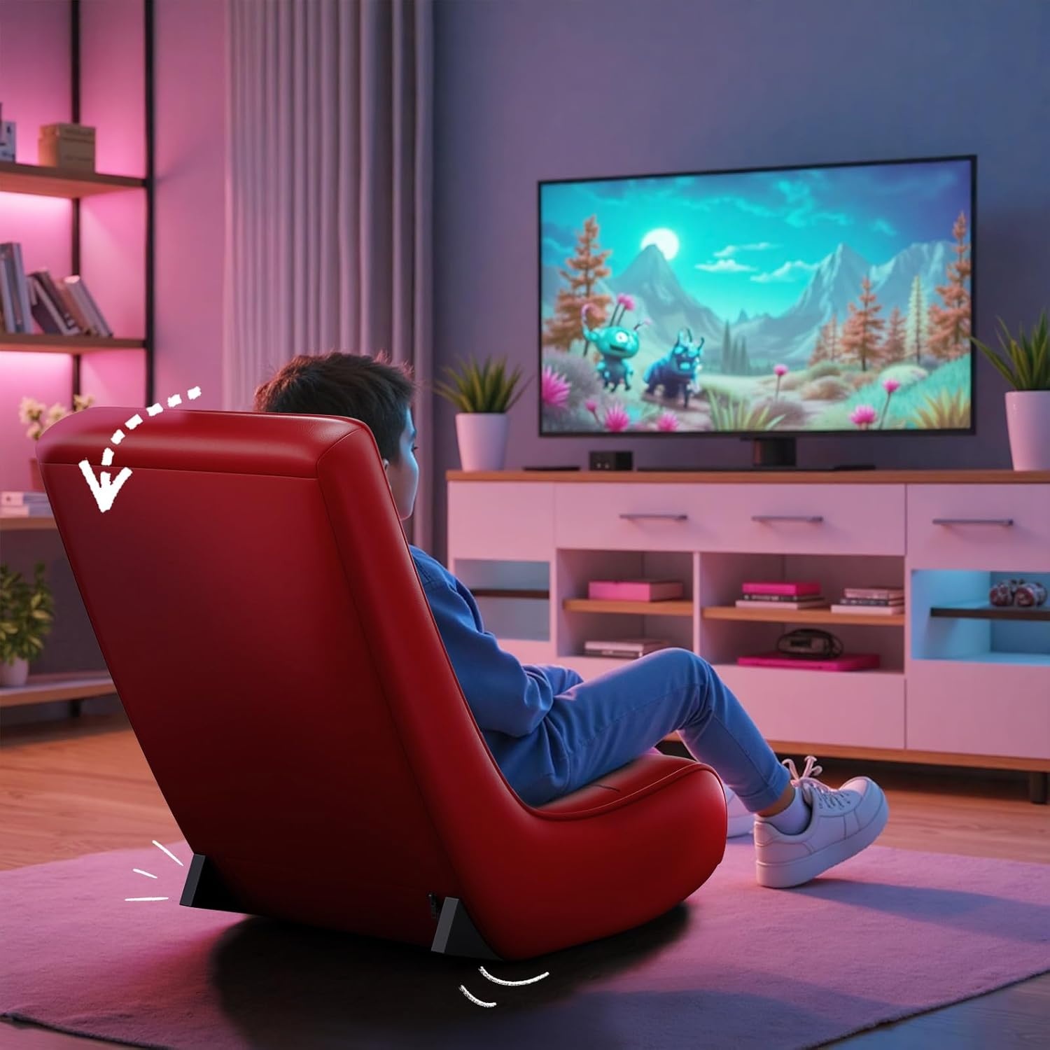image:imageGTPLAYER Gaming Floor Rocking Chair Rocker Floor Game Chair with Angle Limiter Stylish Patterned Design Comfortable Video Game Seat Green Cat Pattern01 Red Baseball Pattern