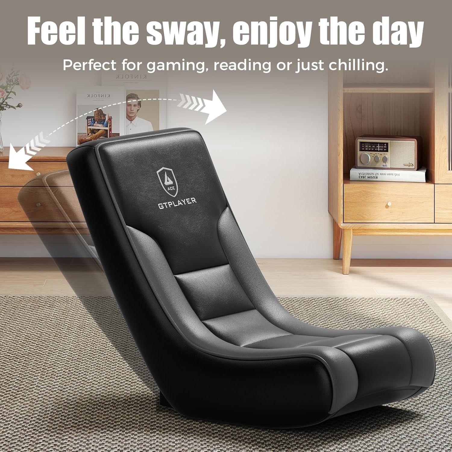 image:imageGTPLAYER Gaming Floor Rocking Chair Rocker Floor Game Chair with Angle Limiter Stylish Patterned Design Comfortable Video Game Seat Green Cat Pattern02 Black Gray