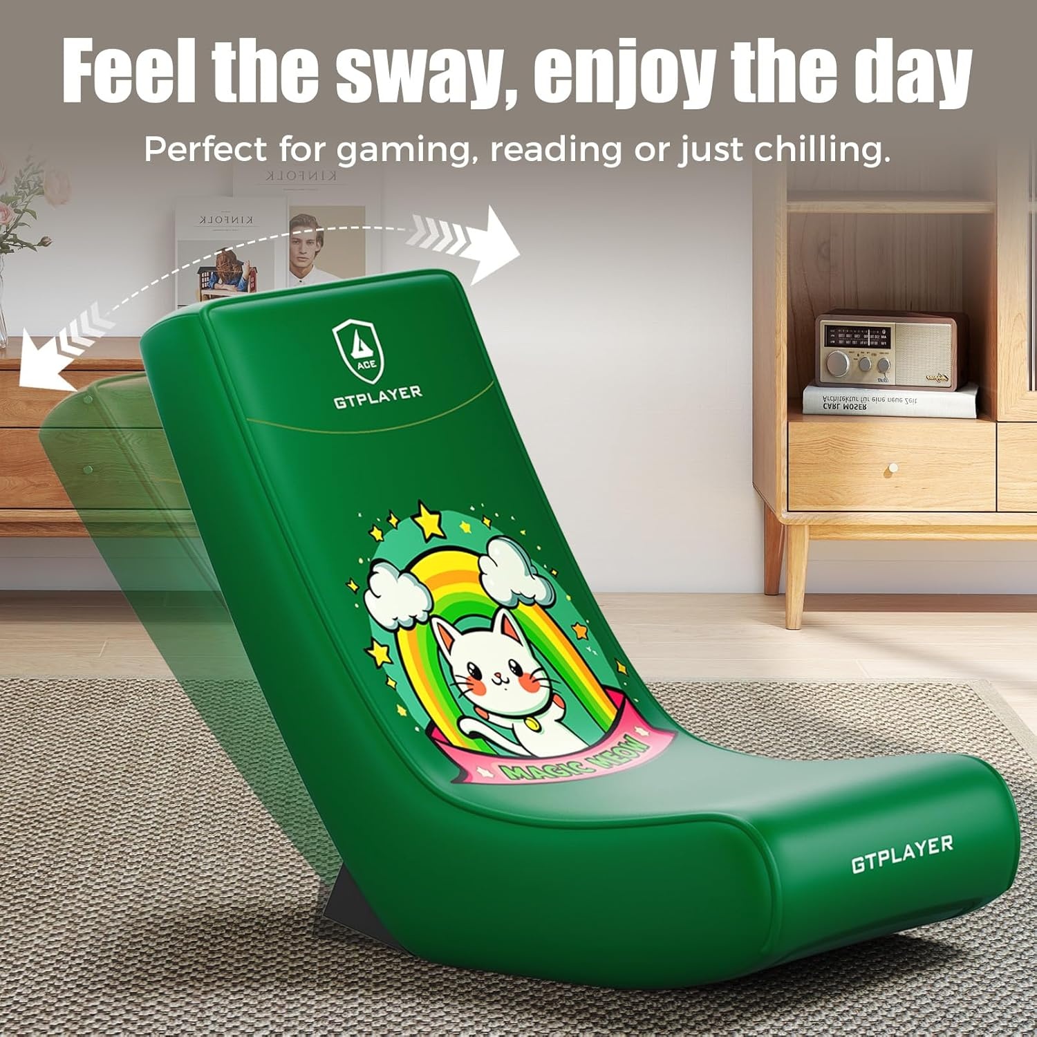 image:imageGTPLAYER Gaming Floor Rocking Chair Rocker Floor Game Chair with Angle Limiter Stylish Patterned Design Comfortable Video Game Seat Green Cat Pattern01 Green Cat Pattern