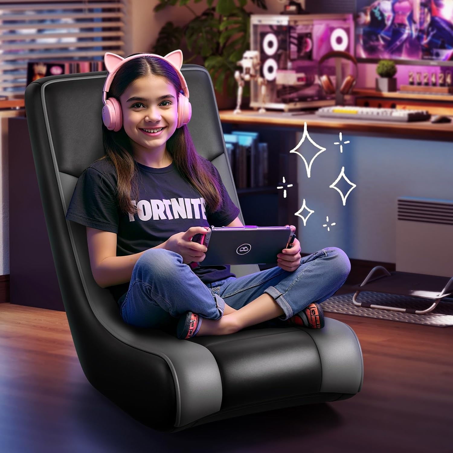 image:imageGTPLAYER Gaming Floor Rocking Chair Rocker Floor Game Chair with Angle Limiter Stylish Patterned Design Comfortable Video Game Seat Green Cat Pattern02 Black Gray