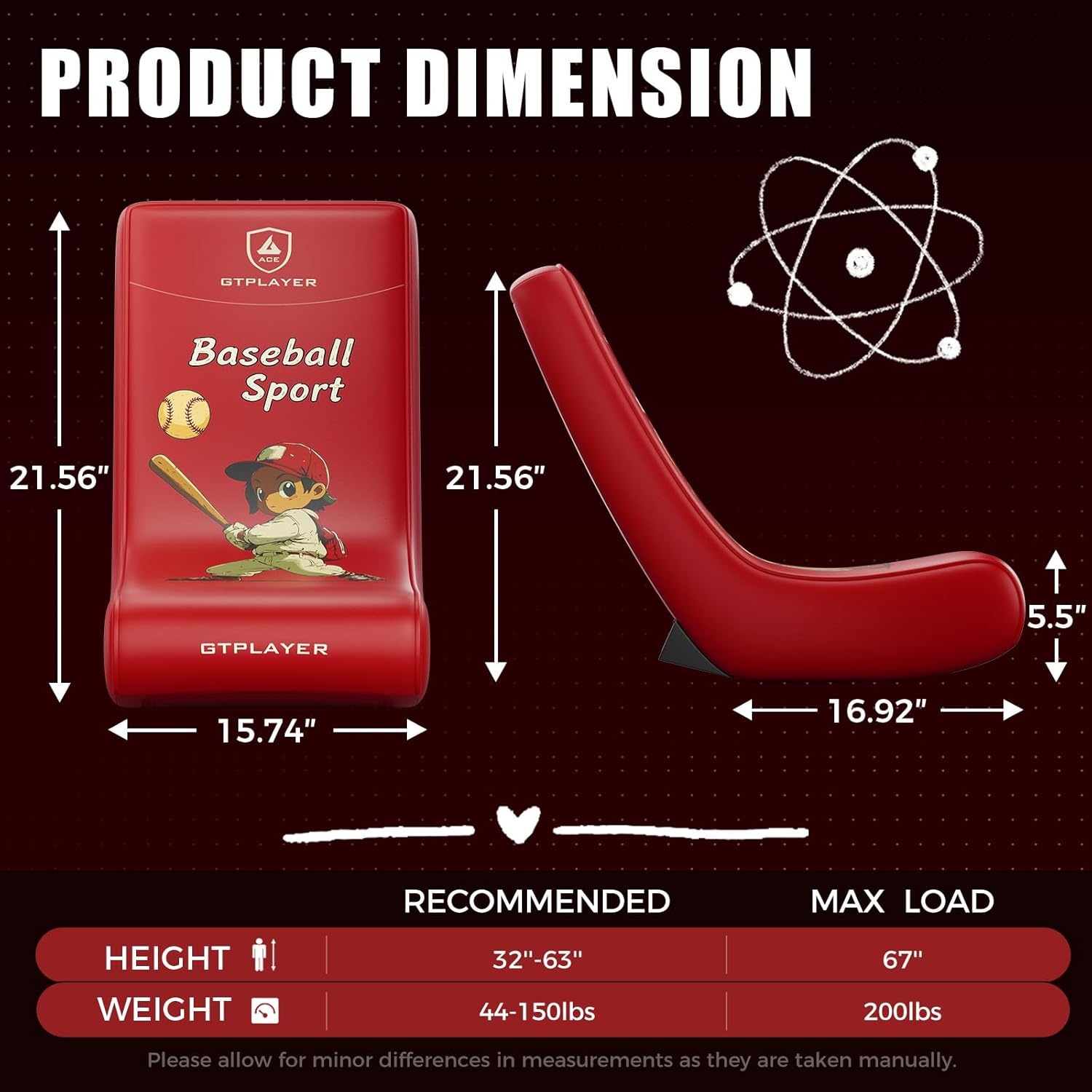 image:imageGTPLAYER Gaming Floor Rocking Chair Rocker Floor Game Chair with Angle Limiter Stylish Patterned Design Comfortable Video Game Seat Green Cat Pattern01 Red Baseball Pattern