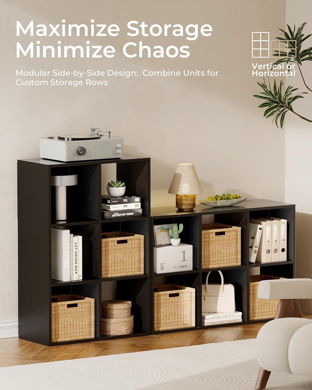 image:imageGTPLAYER 6Cube Storage Organizer Bookcase Stackable Cube Shelf Fits 11 Bins Open Storage Cabinet with Partial Back Panels Vertical or Horizontal Bookshelf for BedroomHome Office White6 Cube Black