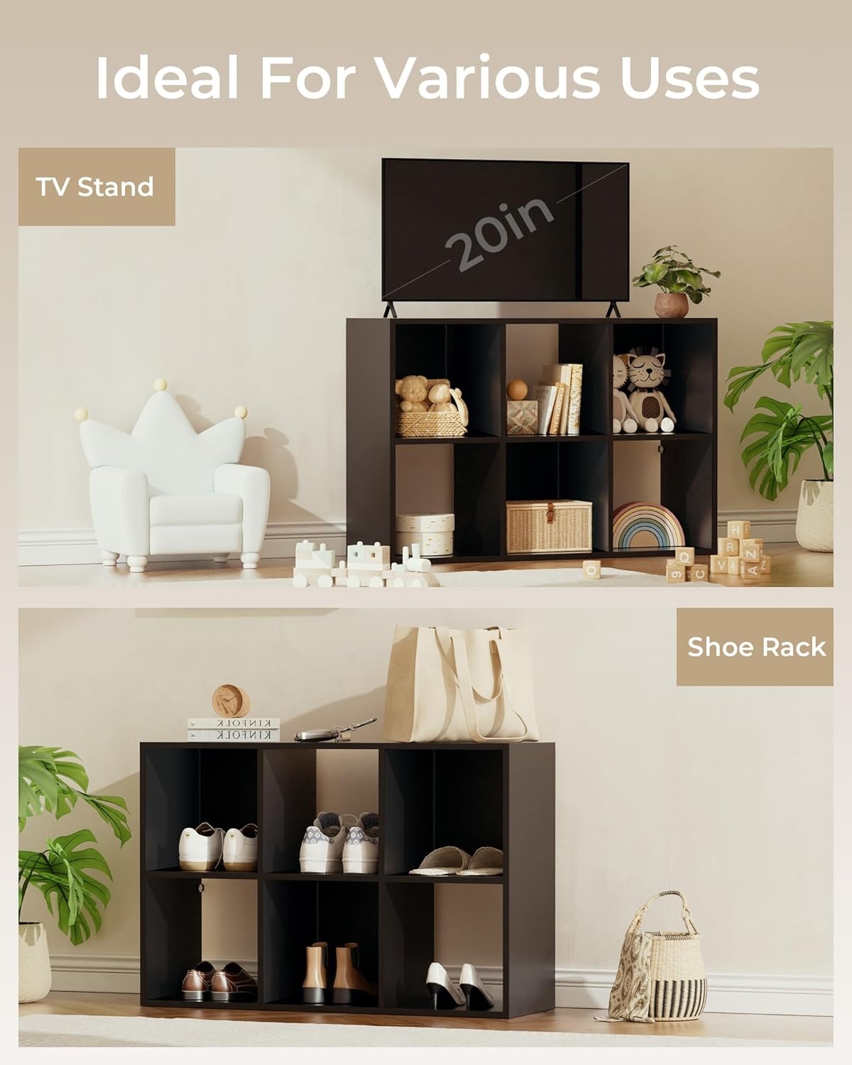 image:imageGTPLAYER 6Cube Storage Organizer Bookcase Stackable Cube Shelf Fits 11 Bins Open Storage Cabinet with Partial Back Panels Vertical or Horizontal Bookshelf for BedroomHome Office White6 Cube Charcoal