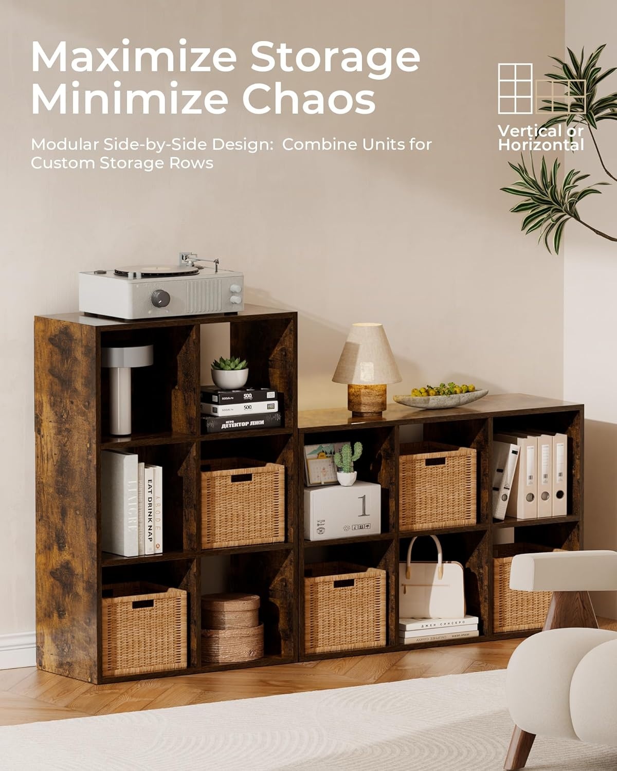 image:imageGTPLAYER 6Cube Storage Organizer Bookcase Stackable Cube Shelf Fits 11 Bins Open Storage Cabinet with Partial Back Panels Vertical or Horizontal Bookshelf for BedroomHome Office White6 Cube Brown