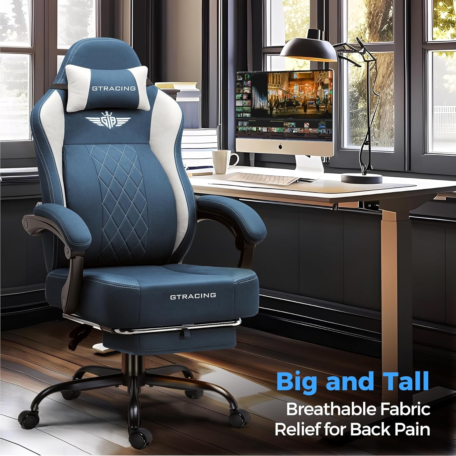 image:imageGTPLAYER Big and Tall Gaming Chair Breathable Fabric Computer Chair with Strong Lumbar Support Comfortable Office Chairs with Pocket Spring Cushion High Back Ergonomic Desk Chairs with FootrestSky Blue