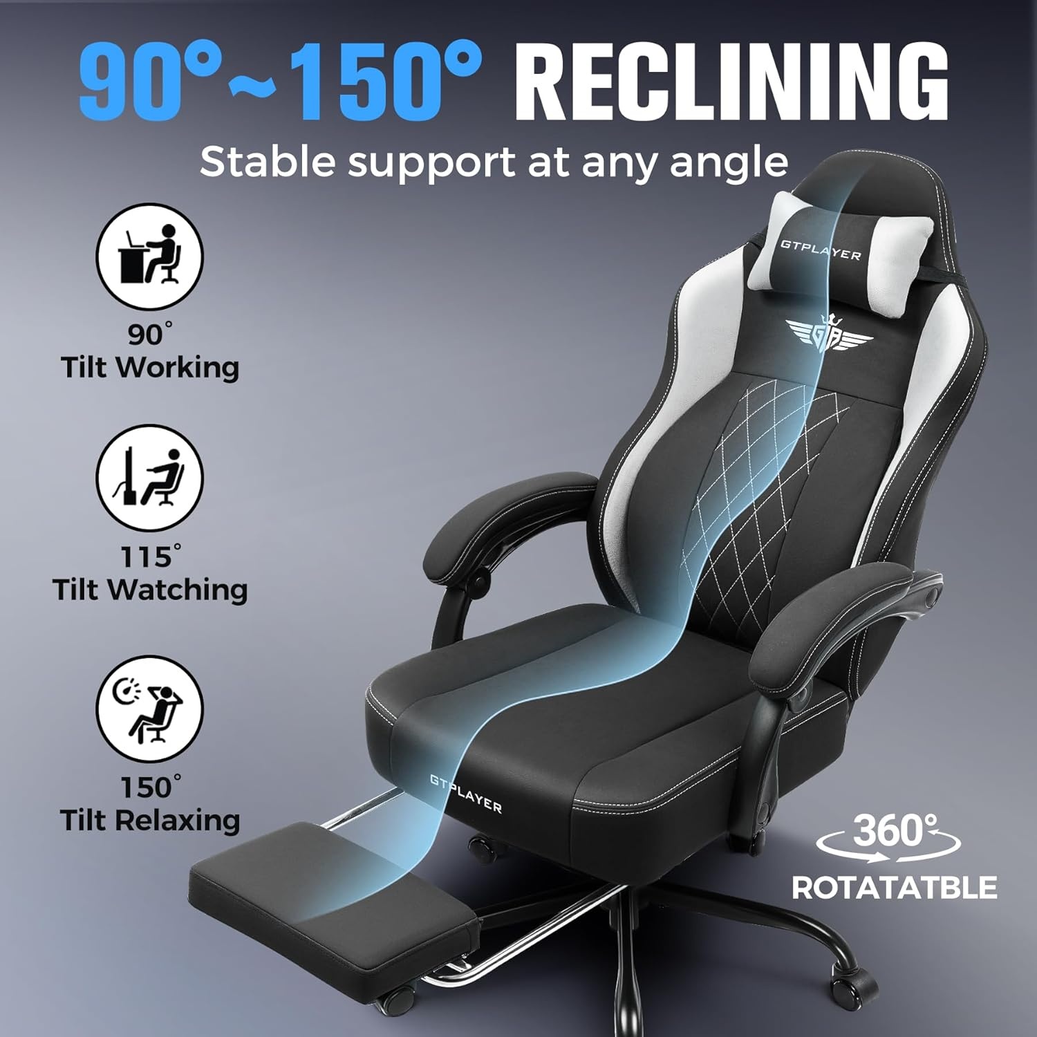 image:imageGTPLAYER Big and Tall Gaming Chair Breathable Fabric Computer Chair with Strong Lumbar Support Comfortable Office Chairs with Pocket Spring Cushion High Back Ergonomic Desk Chairs with FootrestBlack White