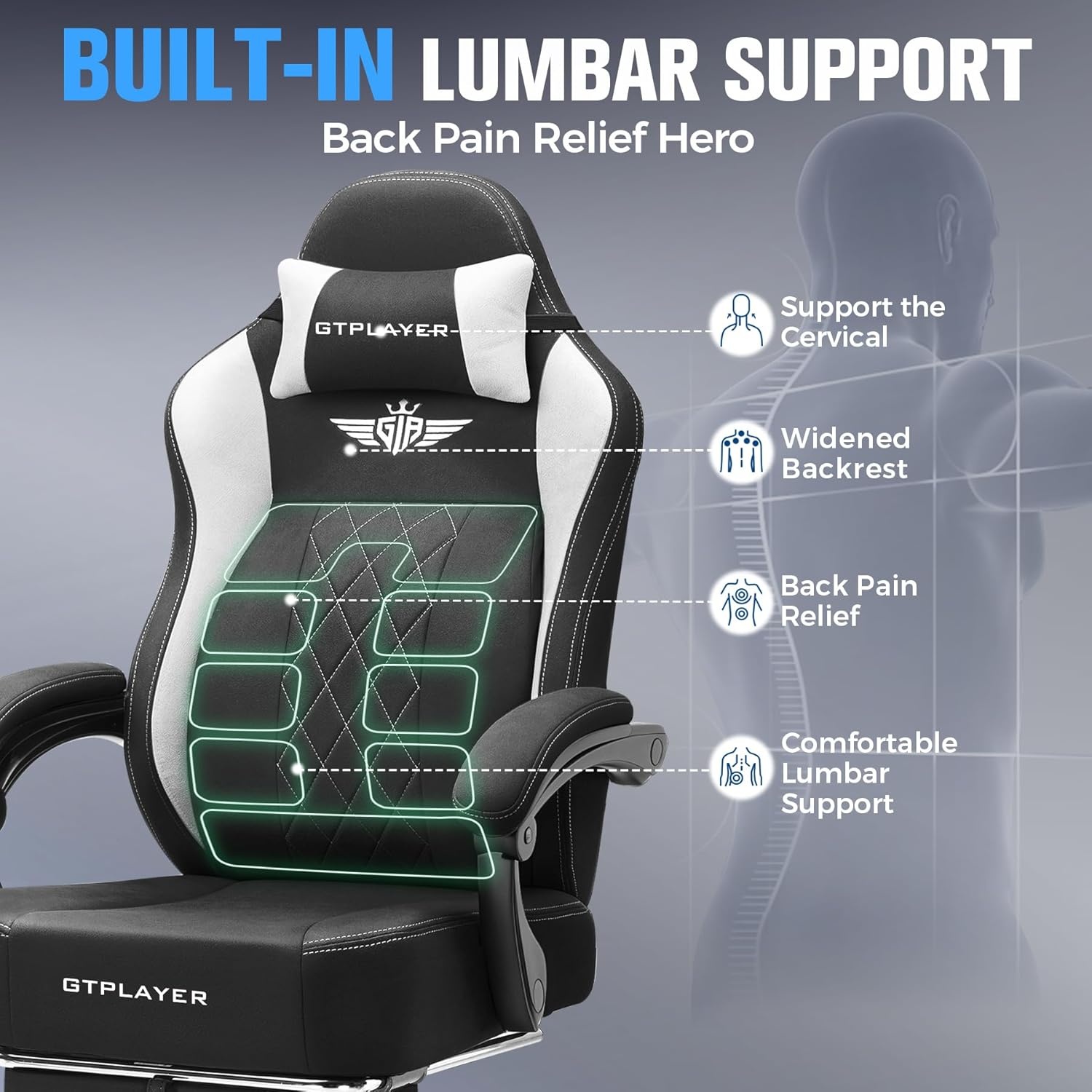 image:imageGTPLAYER Big and Tall Gaming Chair Breathable Fabric Computer Chair with Strong Lumbar Support Comfortable Office Chairs with Pocket Spring Cushion High Back Ergonomic Desk Chairs with FootrestBlack White