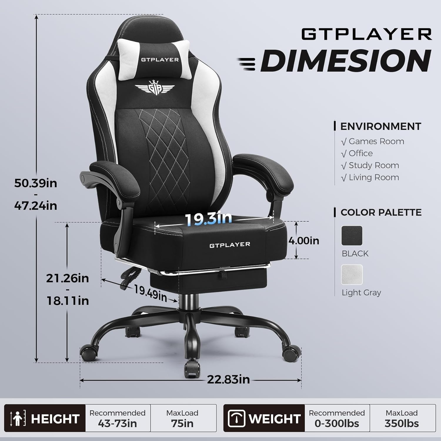 image:imageGTPLAYER Big and Tall Gaming Chair Breathable Fabric Computer Chair with Strong Lumbar Support Comfortable Office Chairs with Pocket Spring Cushion High Back Ergonomic Desk Chairs with FootrestBlack White