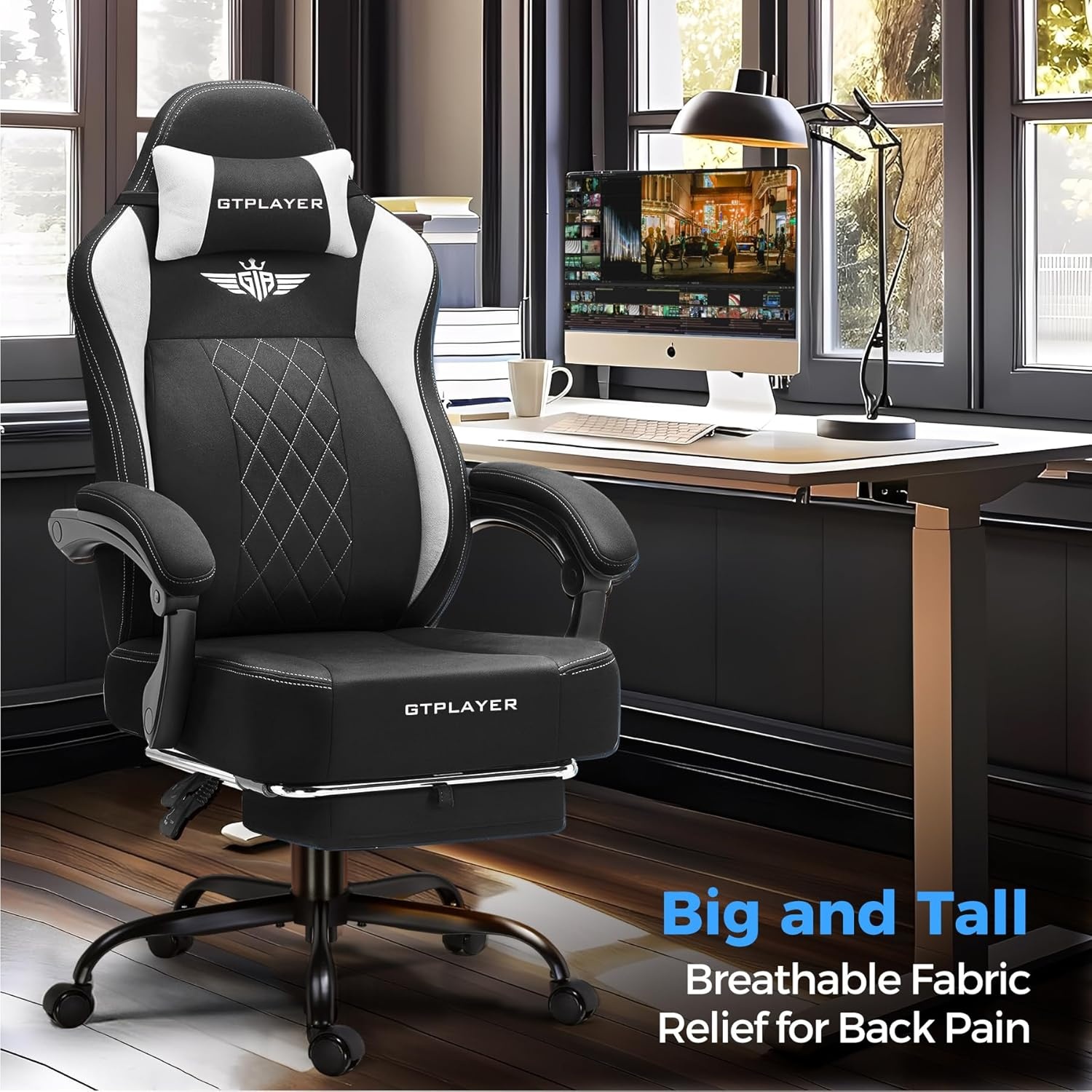 image:imageGTPLAYER Big and Tall Gaming Chair Breathable Fabric Computer Chair with Strong Lumbar Support Comfortable Office Chairs with Pocket Spring Cushion High Back Ergonomic Desk Chairs with FootrestBlack White