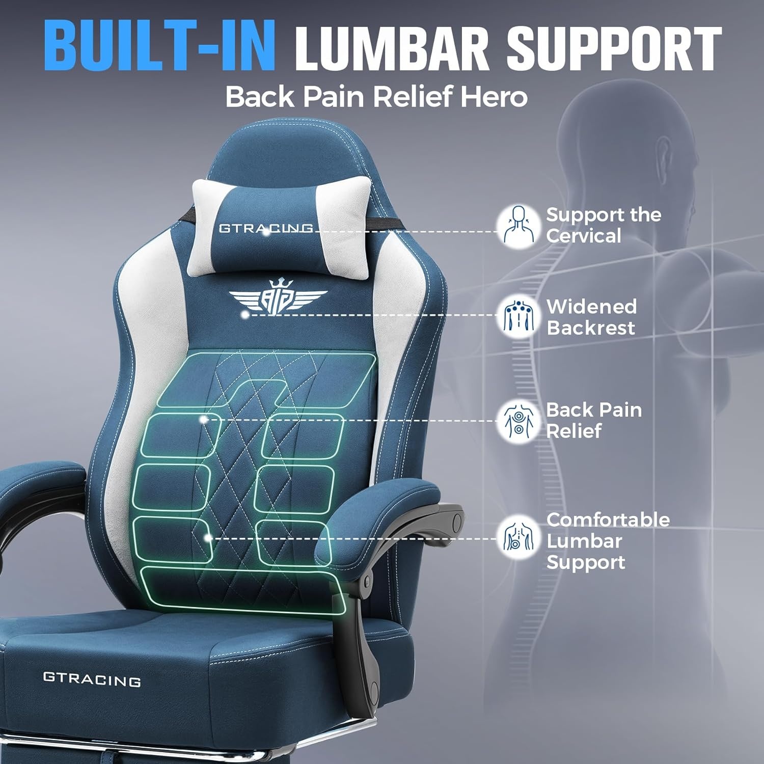image:imageGTPLAYER Big and Tall Gaming Chair Breathable Fabric Computer Chair with Strong Lumbar Support Comfortable Office Chairs with Pocket Spring Cushion High Back Ergonomic Desk Chairs with FootrestSky Blue