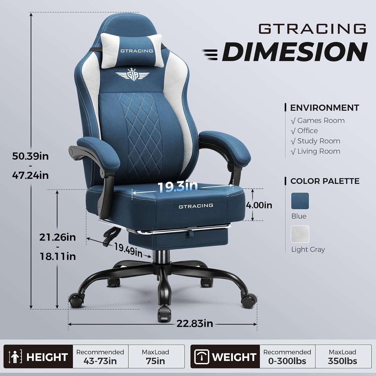 image:imageGTPLAYER Big and Tall Gaming Chair Breathable Fabric Computer Chair with Strong Lumbar Support Comfortable Office Chairs with Pocket Spring Cushion High Back Ergonomic Desk Chairs with FootrestSky Blue