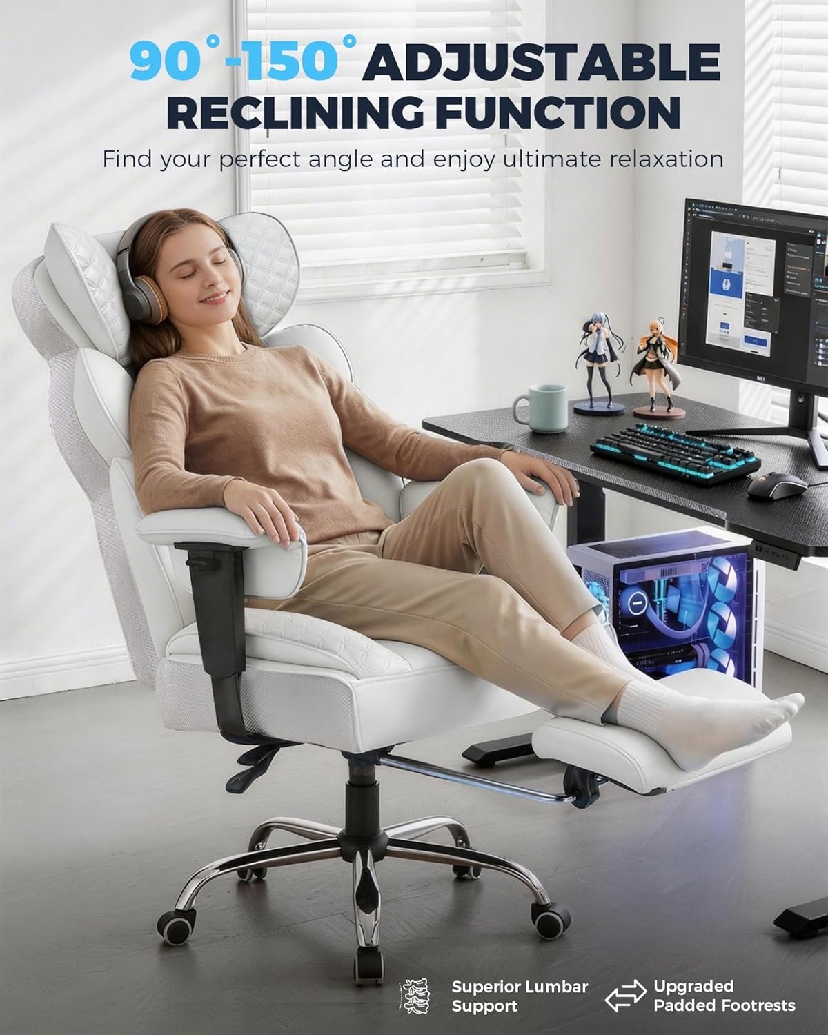 image:imageGTPLAYER Big and Tall Gaming Chair Ergonomic Heavy Duty Office Chair Racing Seat with Adjustable Lumbar Pillow Footrest 150 Reclining Thickened Armrests Breathable Mesh for EsportsPC GamingWhite