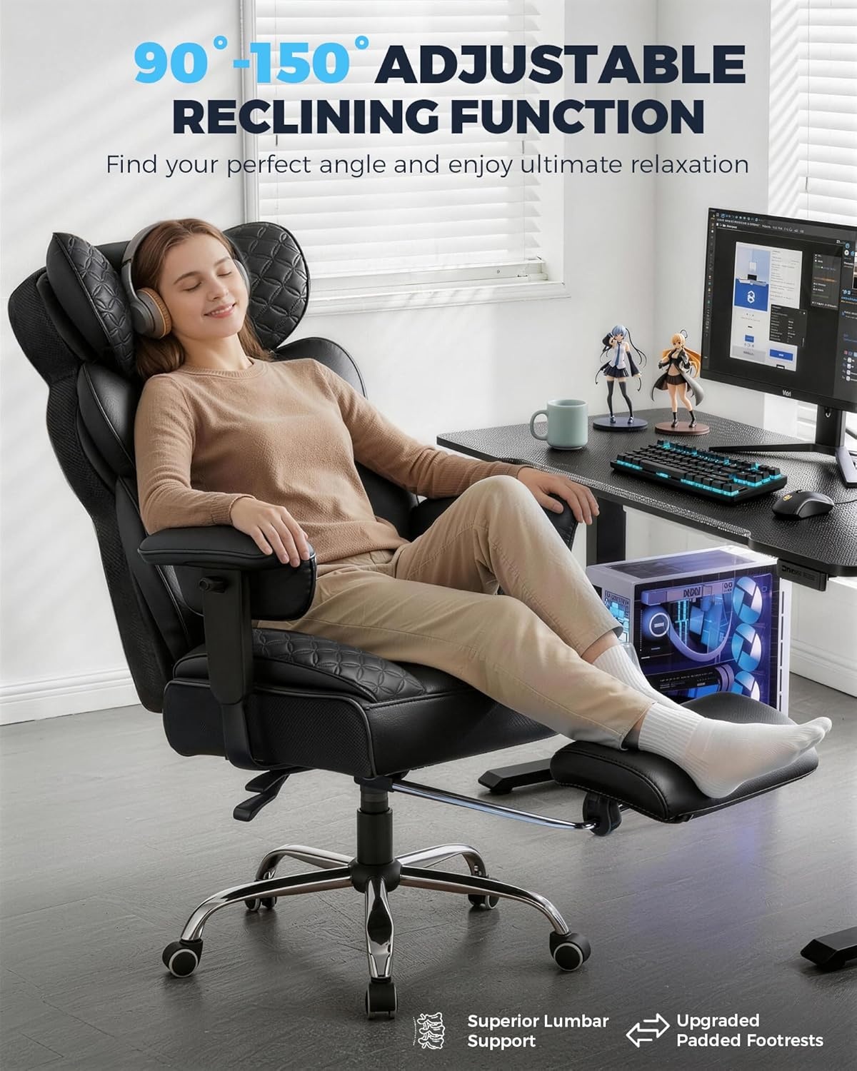 image:imageGTPLAYER Big and Tall Gaming Chair Ergonomic Heavy Duty Office Chair Racing Seat with Adjustable Lumbar Pillow Footrest 150 Reclining Thickened Armrests Breathable Mesh for EsportsPC GamingLuxury Black
