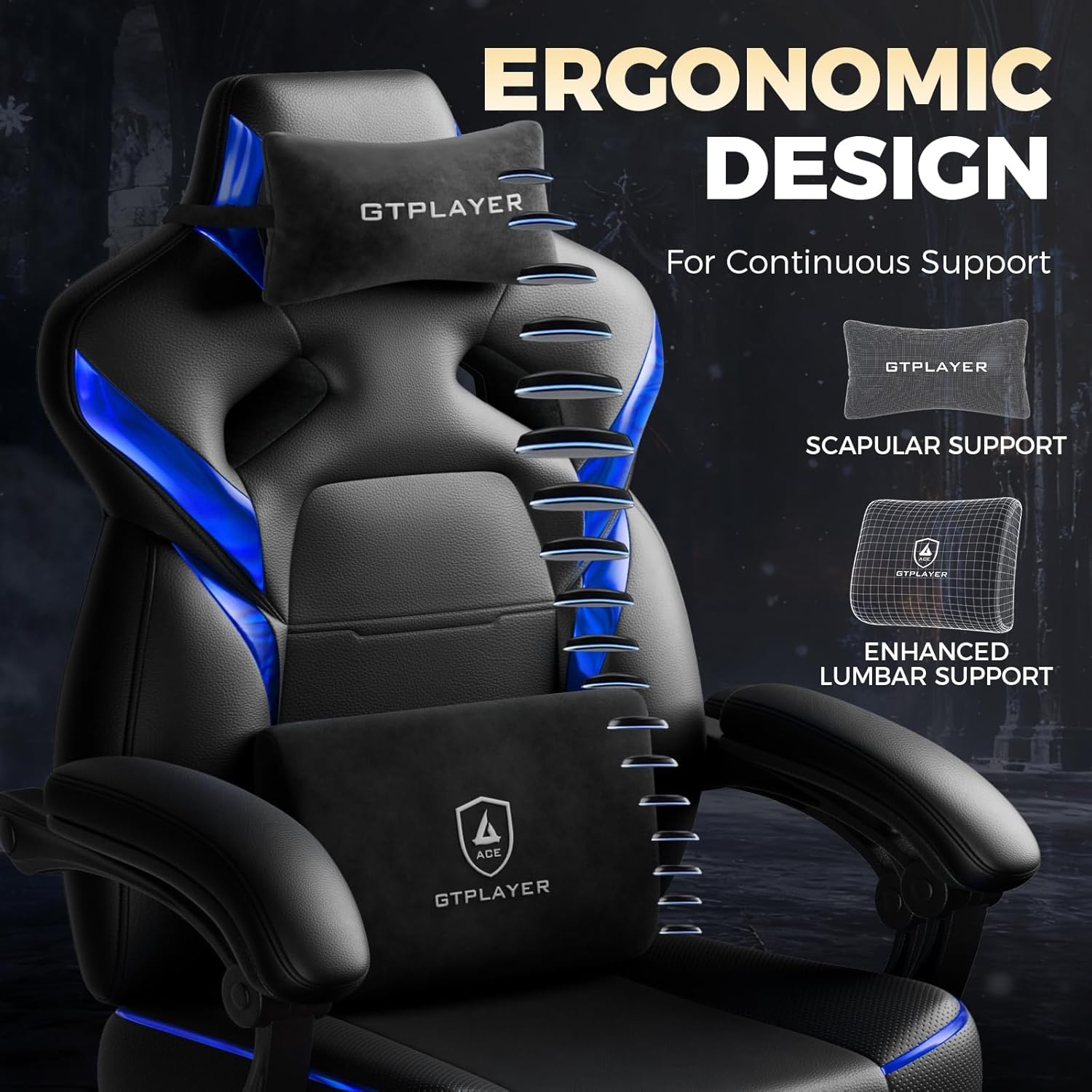 image:imageGTPLAYER Big and Tall Gaming Chair for Adults Ergonomic Office Chair with Footrest Heavy Duty 350 lbs Capacity High Back Premium Leather amp Iridescent Trim ACEArmor Black amp BlueBlue Iridescent