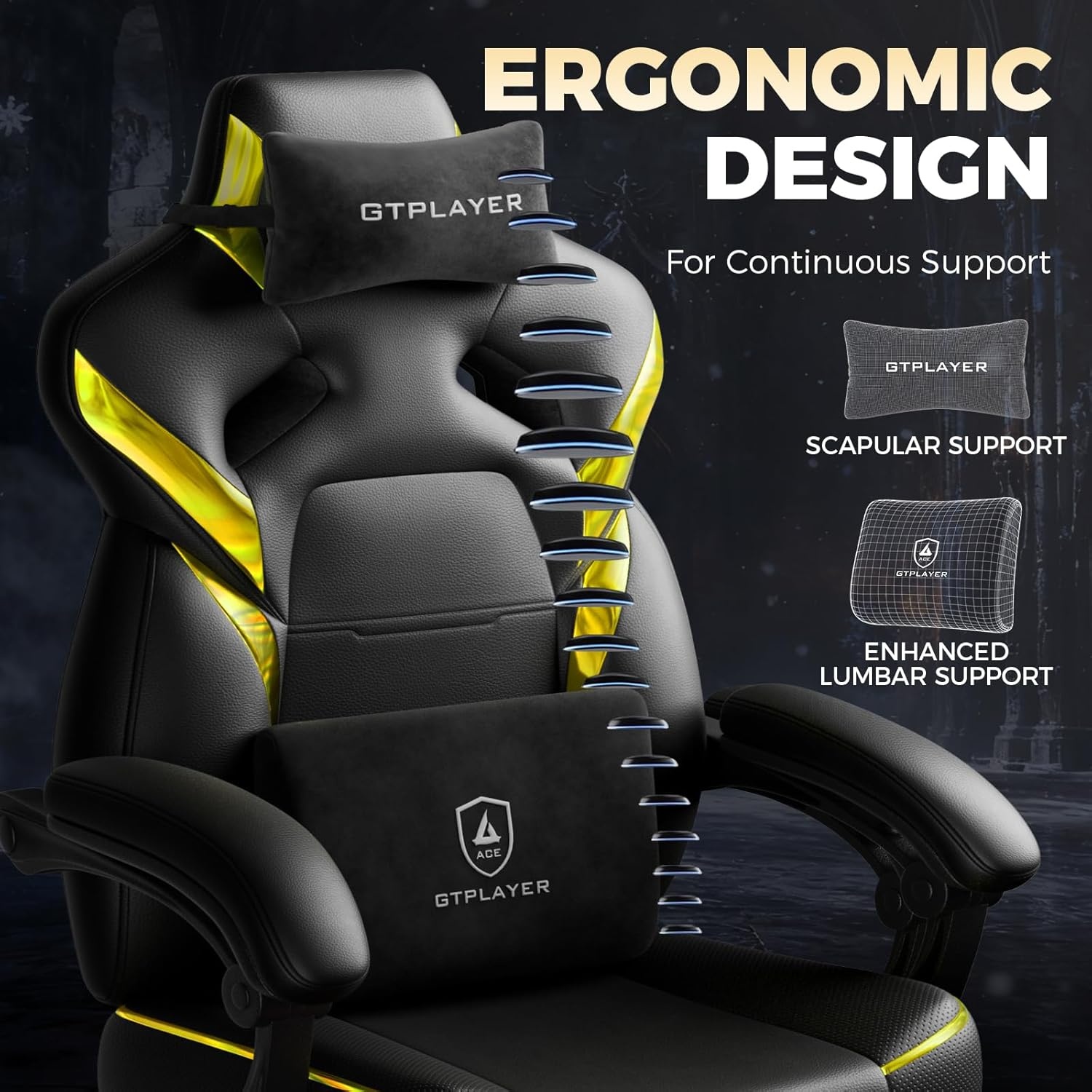image:imageGTPLAYER Big and Tall Gaming Chair for Adults Ergonomic Office Chair with Footrest Heavy Duty 350 lbs Capacity High Back Premium Leather amp Iridescent Trim ACEArmor Black amp BlueBlack Yellow