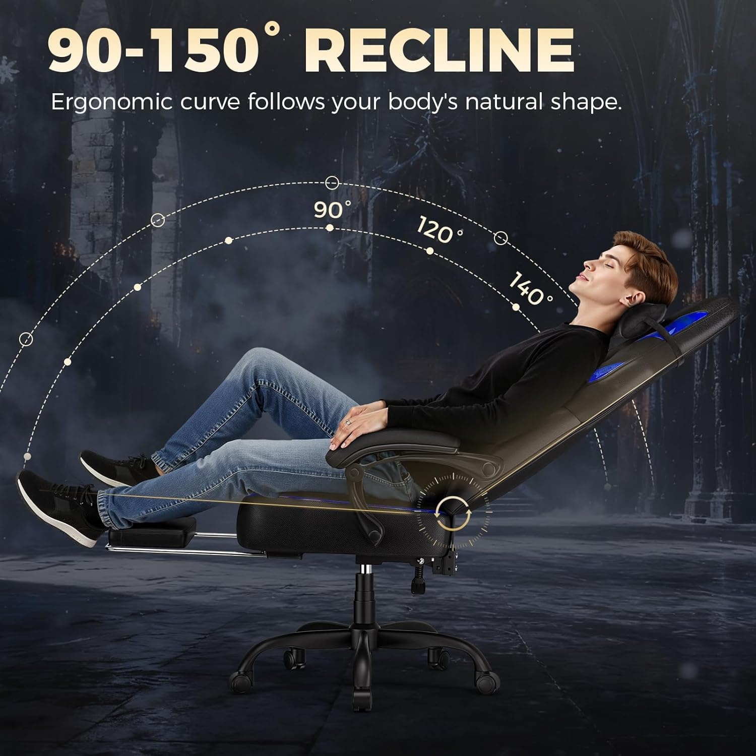 image:imageGTPLAYER Big and Tall Gaming Chair for Adults Ergonomic Office Chair with Footrest Heavy Duty 350 lbs Capacity High Back Premium Leather amp Iridescent Trim ACEArmor Black amp BlueBlue Iridescent