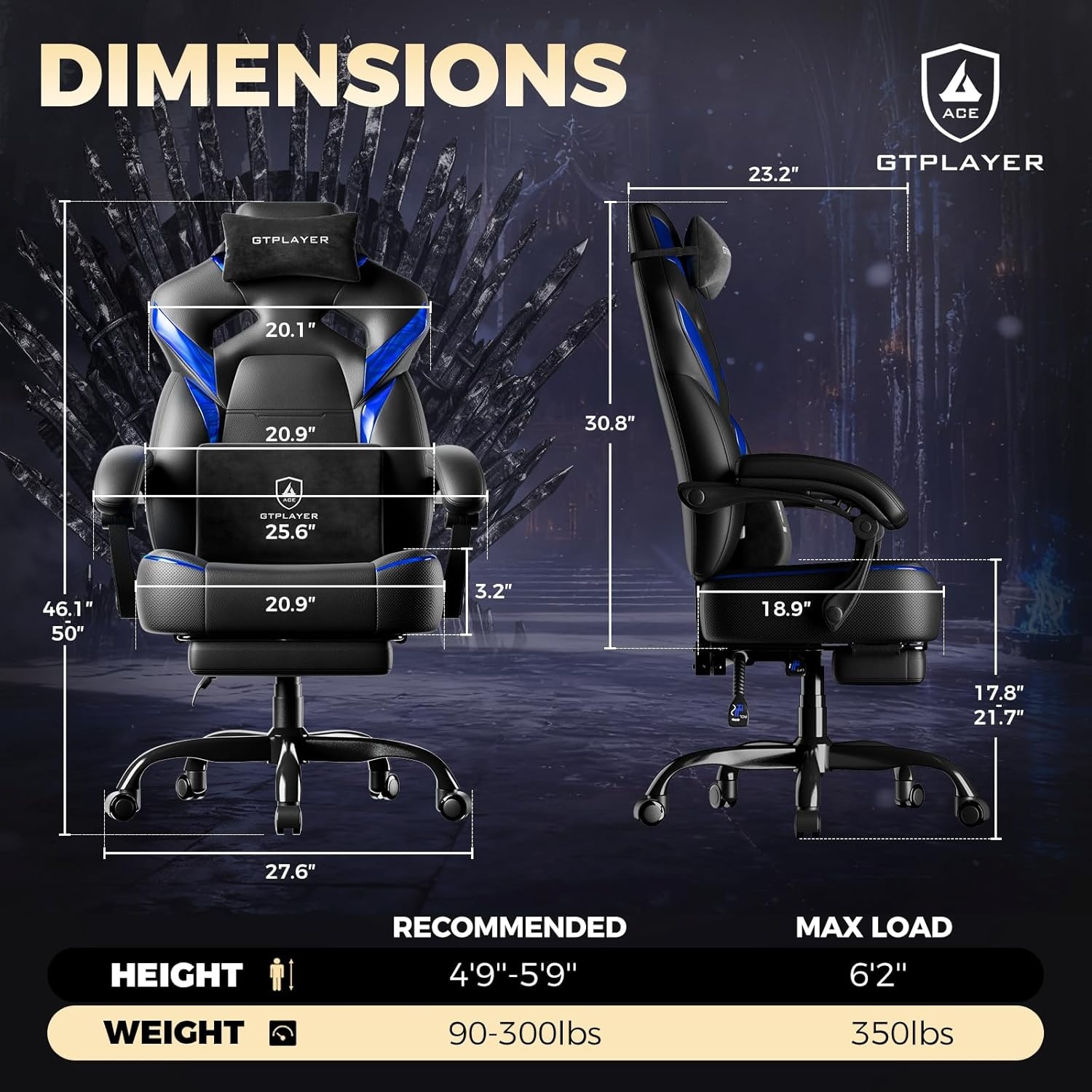 image:imageGTPLAYER Big and Tall Gaming Chair for Adults Ergonomic Office Chair with Footrest Heavy Duty 350 lbs Capacity High Back Premium Leather amp Iridescent Trim ACEArmor Black amp BlueBlue Iridescent