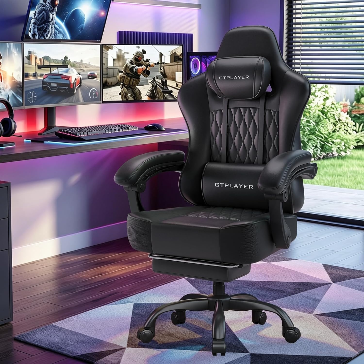 image:imageGTPLAYER Big and Tall Gaming Chair with Footrest Ergonomic Office Desk Chair with 44in Thick Cushion and Wide Wingless Seat Comfortable Leather Computer Chair Predator Series Chocolate BrownBlack