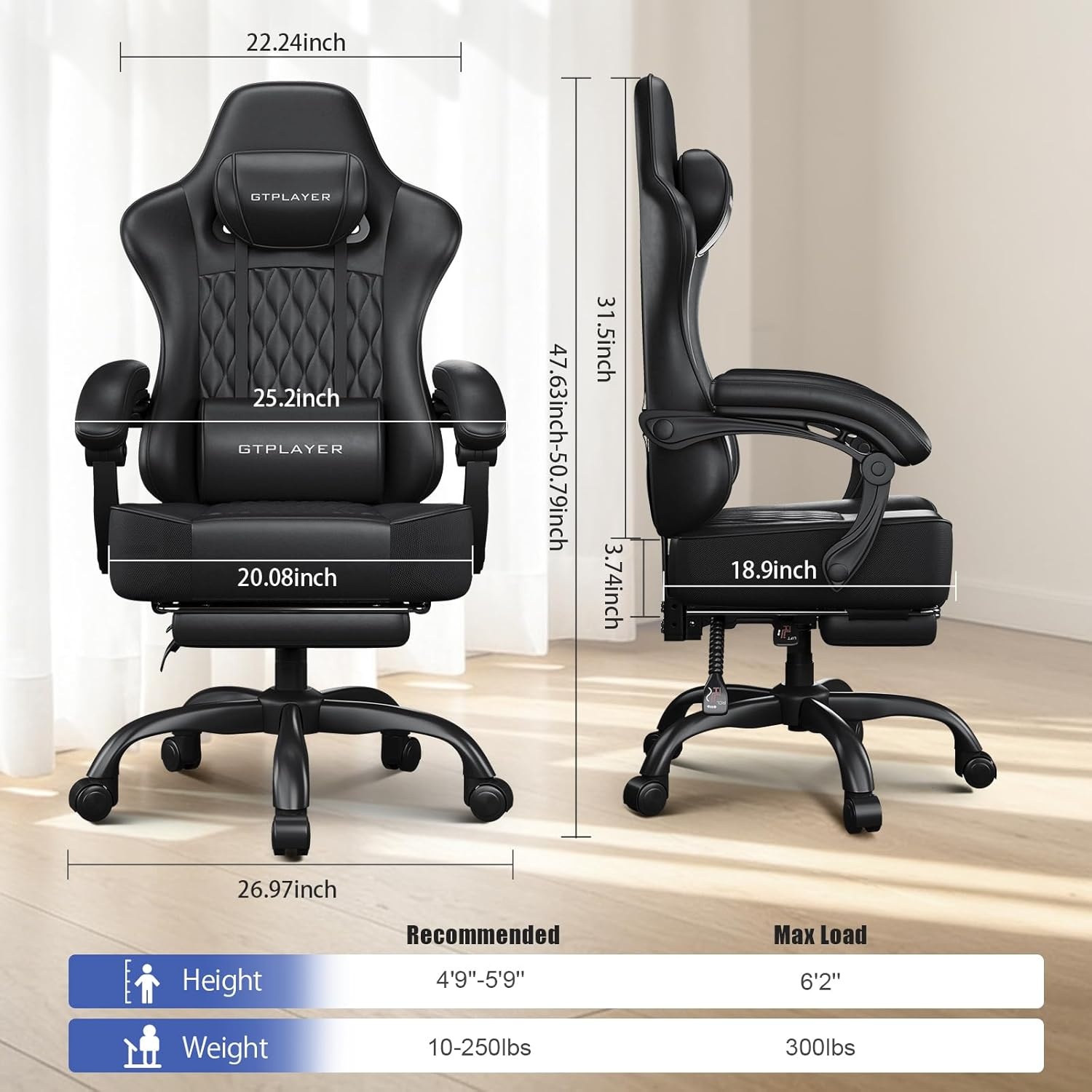 image:imageGTPLAYER Big and Tall Gaming Chair with Footrest Ergonomic Office Desk Chair with 44in Thick Cushion and Wide Wingless Seat Comfortable Leather Computer Chair Predator Series Chocolate BrownSatin Black