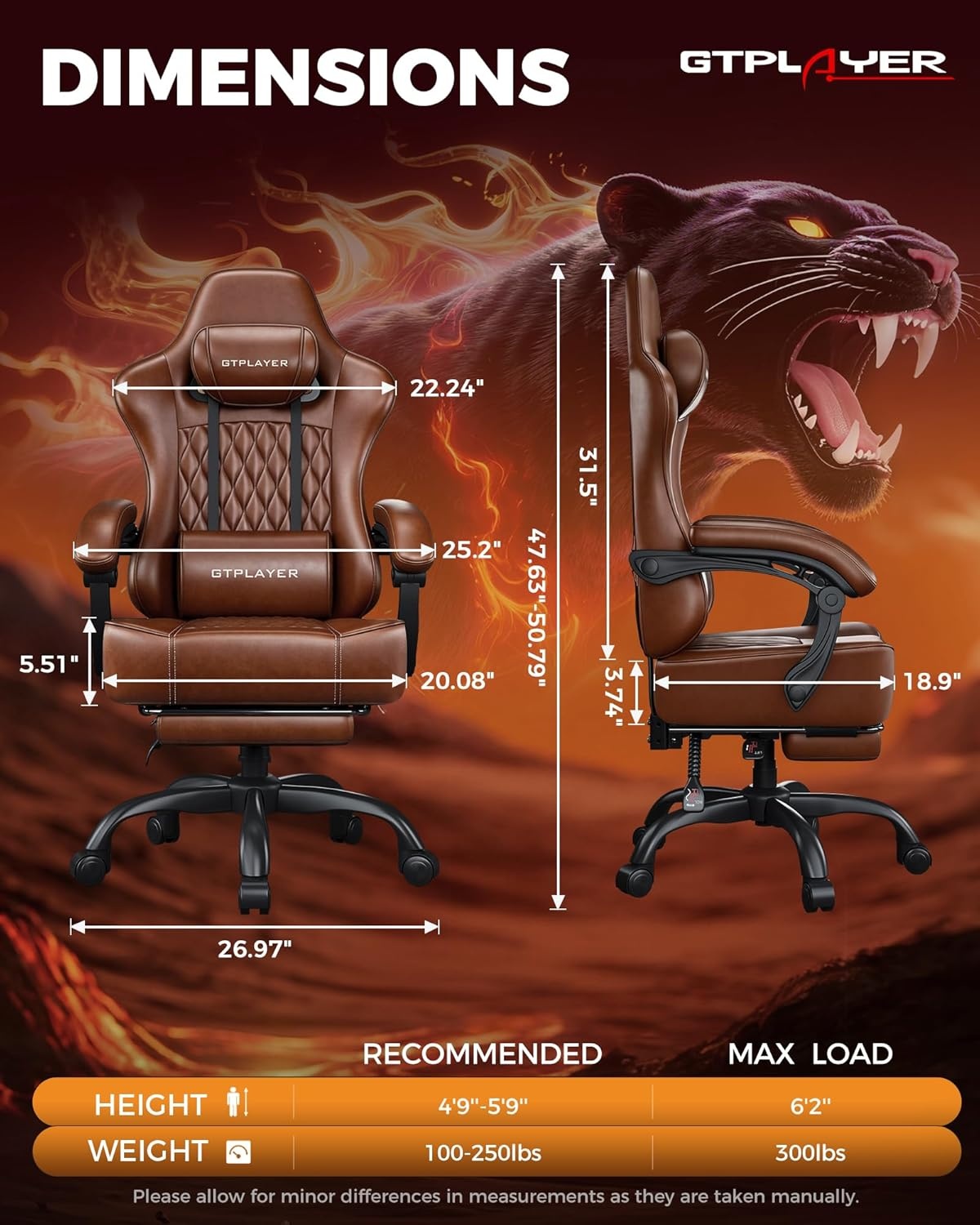 image:imageGTPLAYER Big and Tall Gaming Chair with Footrest Ergonomic Office Desk Chair with 44in Thick Cushion and Wide Wingless Seat Comfortable Leather Computer Chair Predator Series Chocolate BrownChocolate Brown