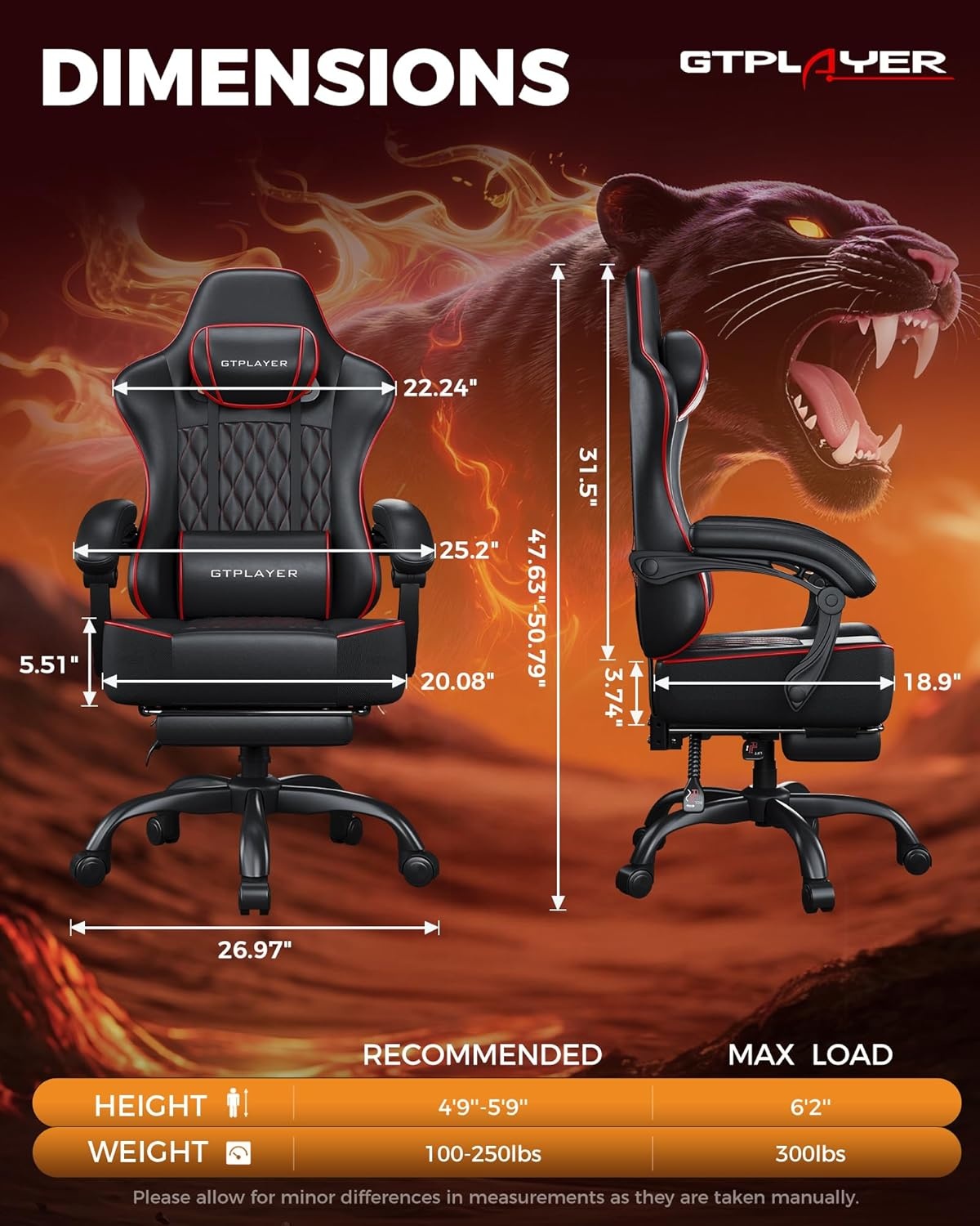 image:imageGTPLAYER Big and Tall Gaming Chair with Footrest Ergonomic Office Desk Chair with 44in Thick Cushion and Wide Wingless Seat Comfortable Leather Computer Chair Predator Series Chocolate BrownBlack Red