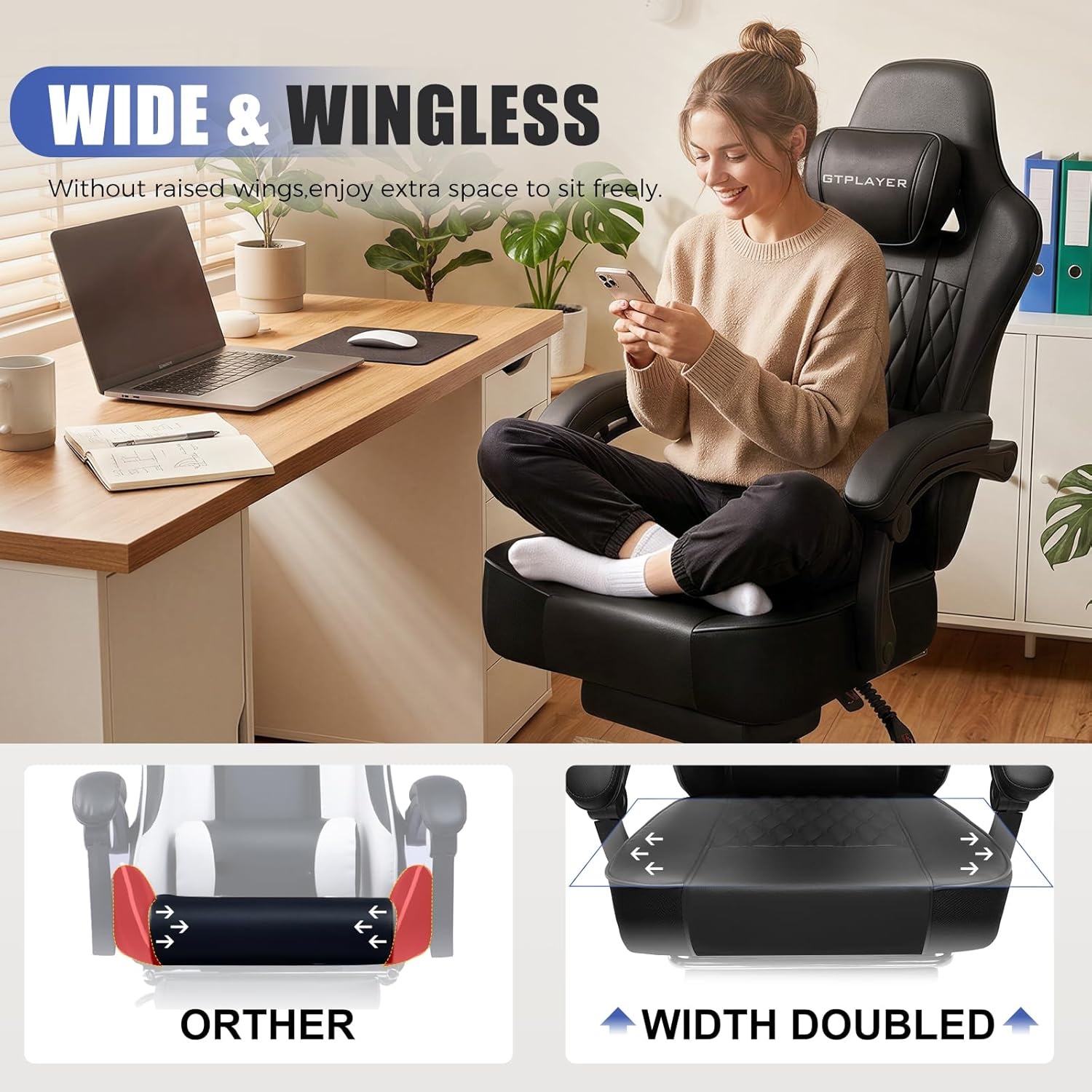 image:imageGTPLAYER Big and Tall Gaming Chair with Footrest Ergonomic Office Desk Chair with 44in Thick Cushion and Wide Wingless Seat Comfortable Leather Computer Chair Predator Series Chocolate BrownSatin Black