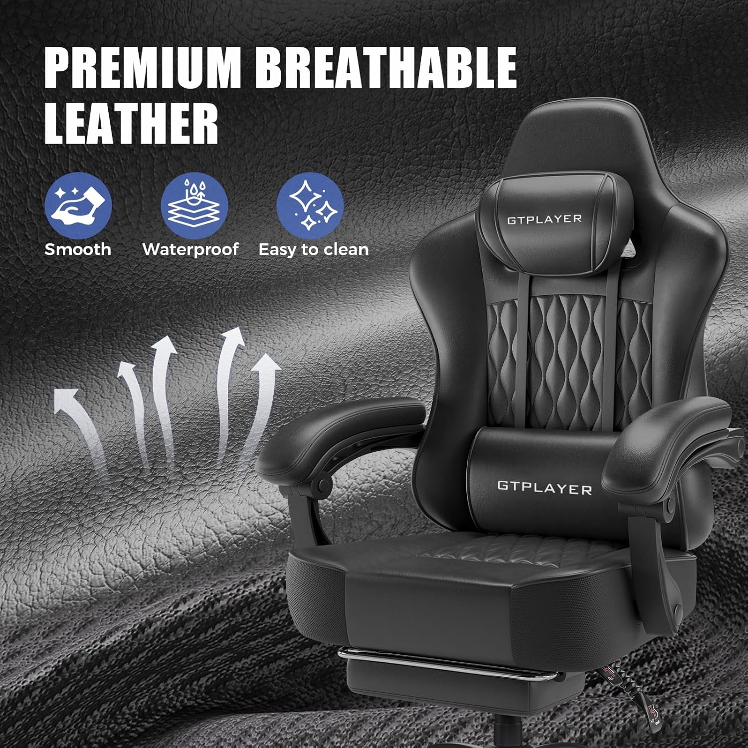 image:imageGTPLAYER Big and Tall Gaming Chair with Footrest Ergonomic Office Desk Chair with 44in Thick Cushion and Wide Wingless Seat Comfortable Leather Computer Chair Predator Series Chocolate BrownSatin Black