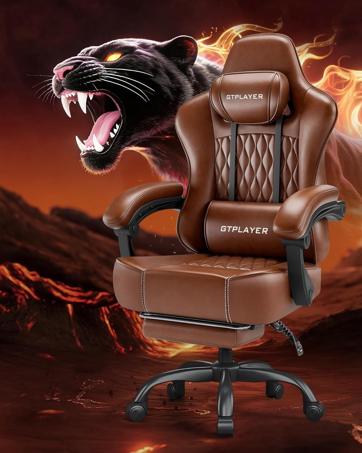 image:imageGTPLAYER Big and Tall Gaming Chair with Footrest Ergonomic Office Desk Chair with 44in Thick Cushion and Wide Wingless Seat Comfortable Leather Computer Chair Predator Series Chocolate BrownChocolate Brown