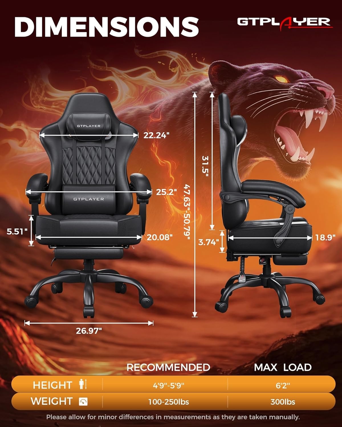 image:imageGTPLAYER Big and Tall Gaming Chair with Footrest Ergonomic Office Desk Chair with 44in Thick Cushion and Wide Wingless Seat Comfortable Leather Computer Chair Predator Series Chocolate BrownMatte Black With Trim
