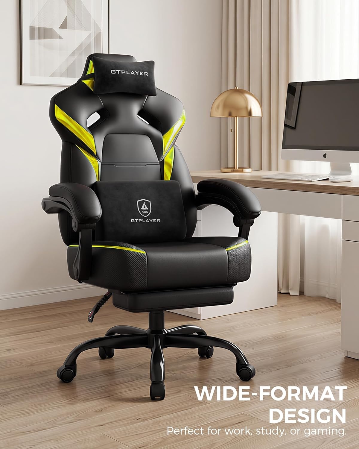 image:imageGTPLAYER Big and Tall Gaming Chair with Footrest High Back Ergonomic Office Chair for Adults Heavy Duty 350 lbs Capacity Premium Leather amp Iridescent Trim ACEArmor YellowYellow